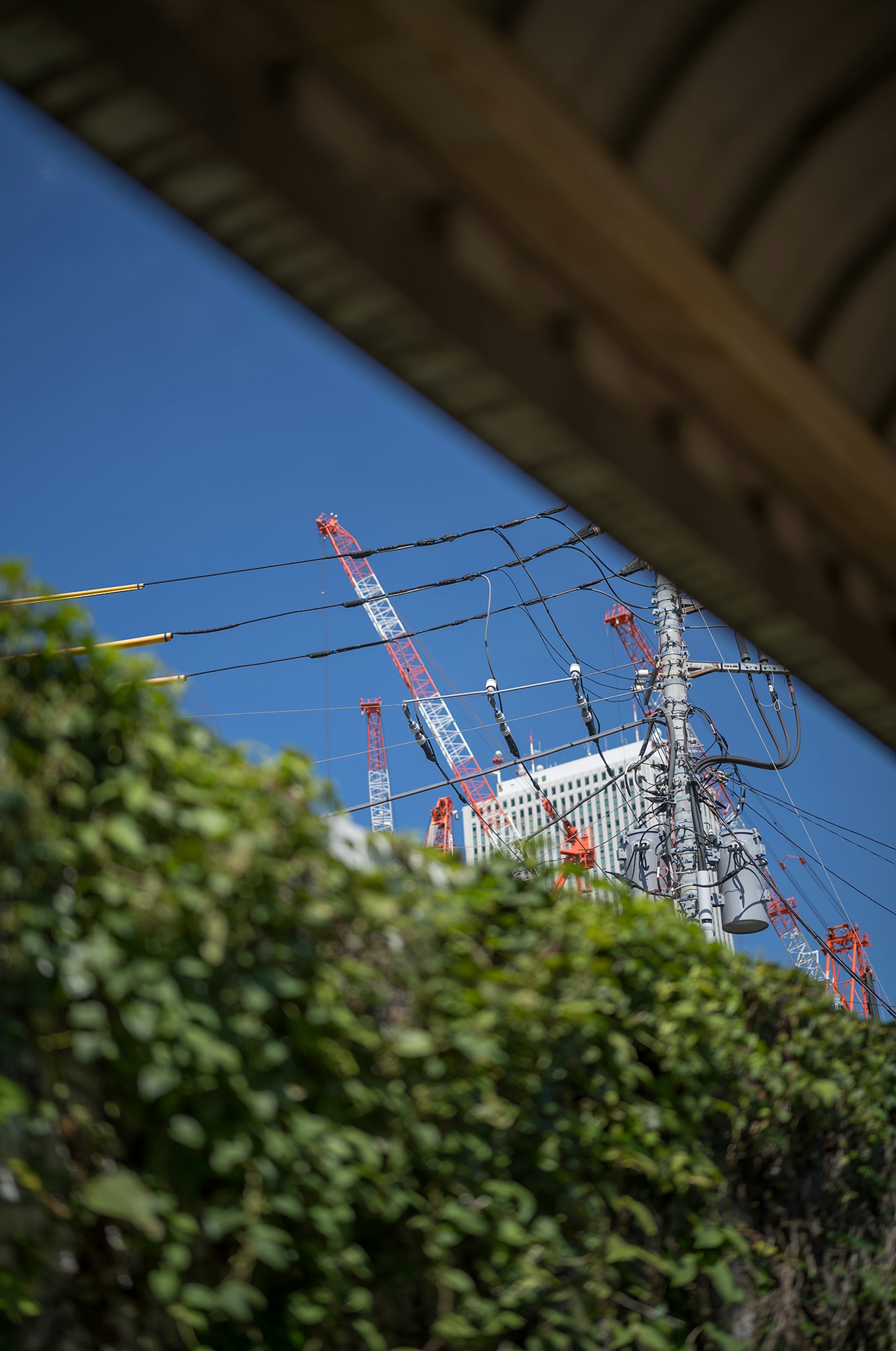 Cranes and power lines visible under a clear blue sky