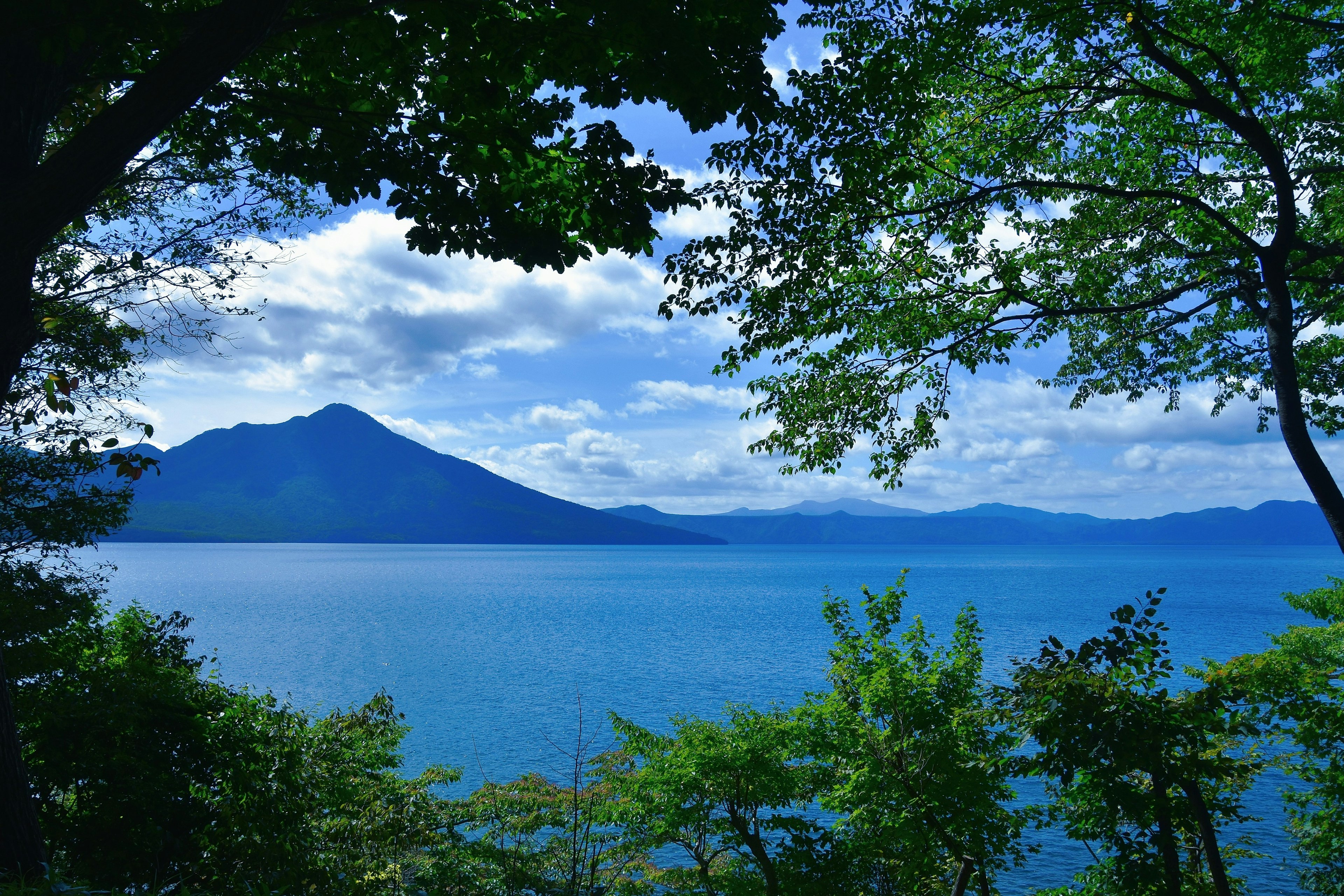 Scenic view of a blue lake surrounded by green trees and mountains