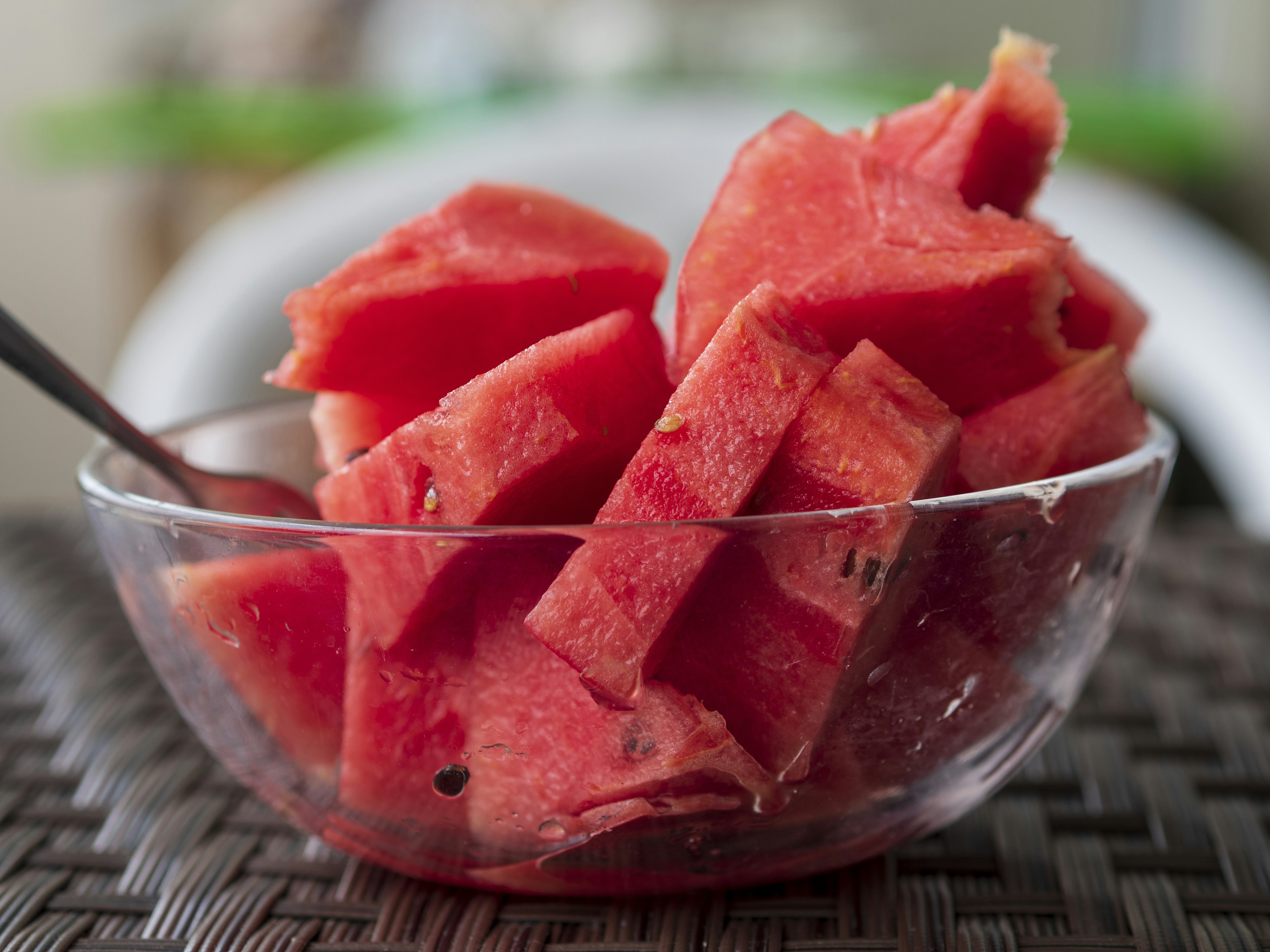 Fresh watermelon cubes in a clear bowl