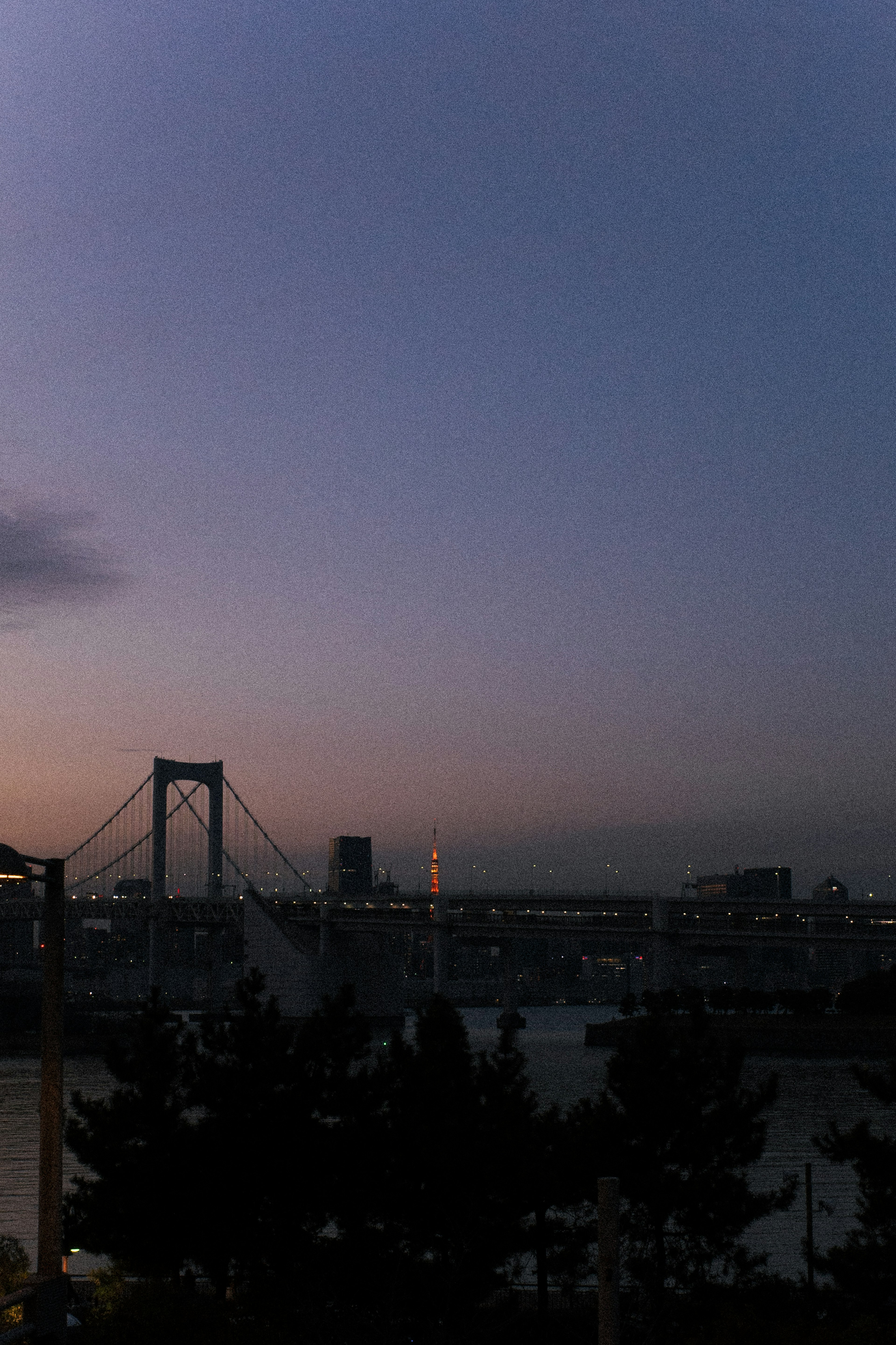 Twilight view of Rainbow Bridge and Tokyo Tower