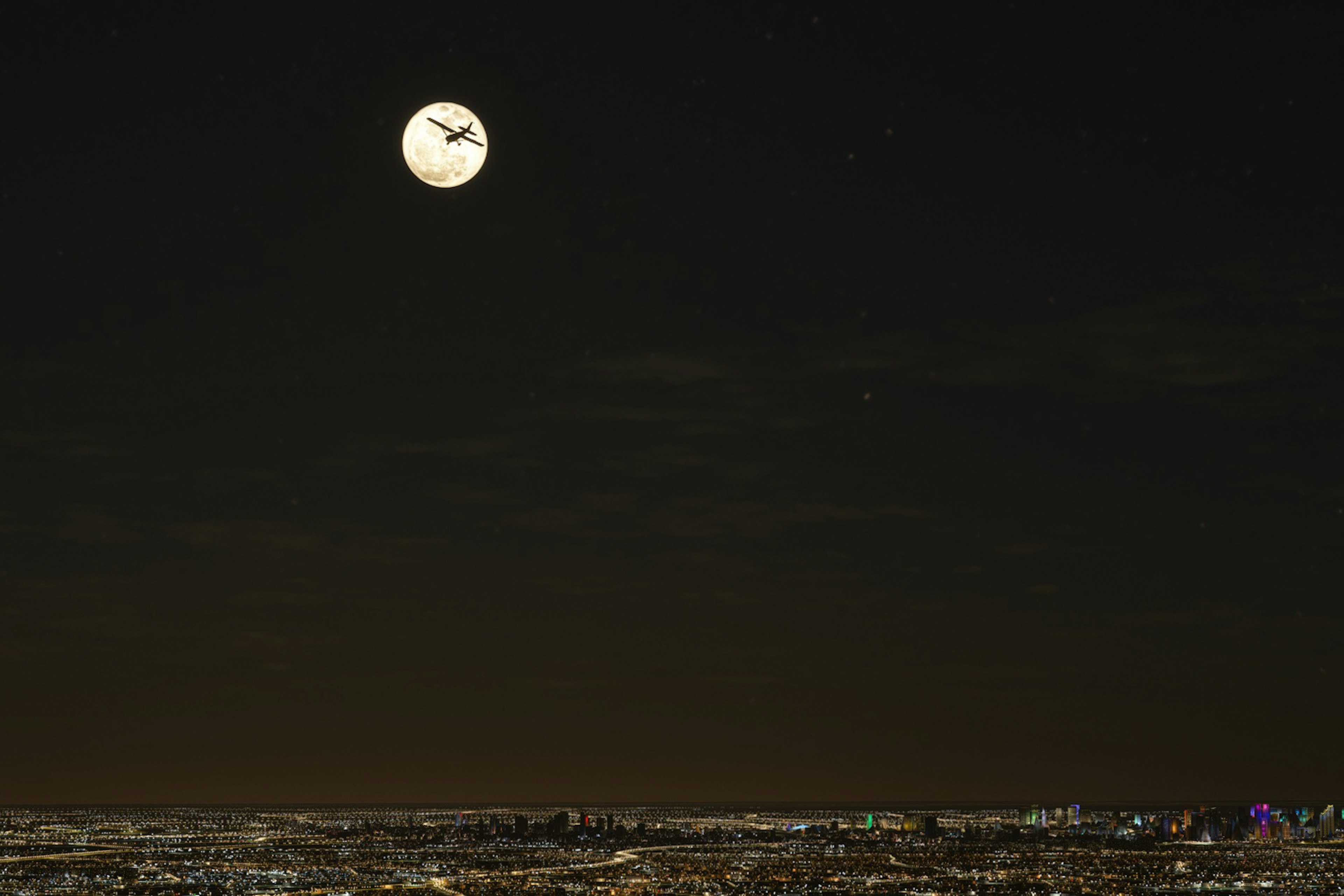 Una gran luna en el cielo nocturno con el horizonte de la ciudad abajo