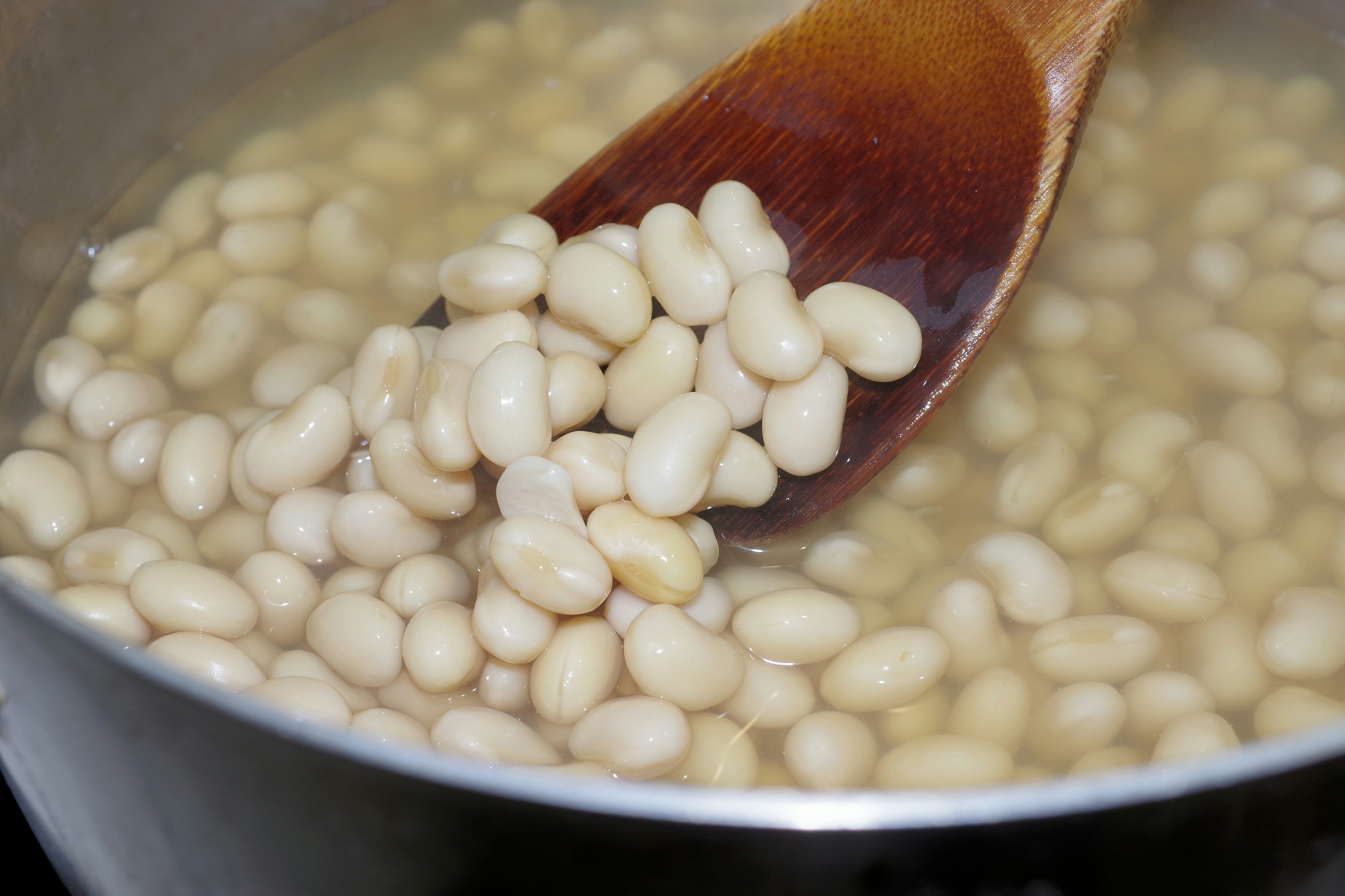 Fèves blanches mijotant dans une casserole avec une cuillère en bois