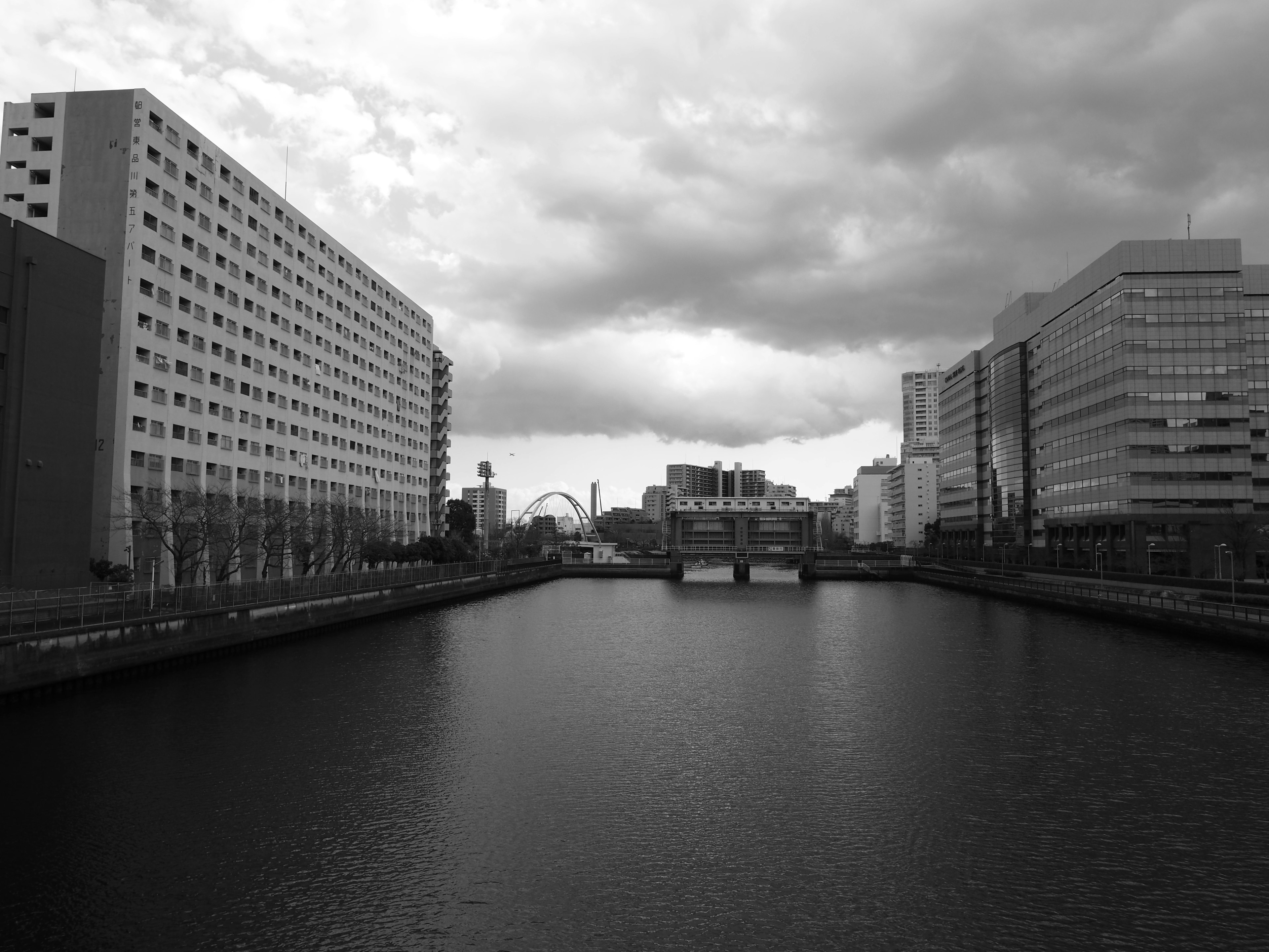 Monochrome cityscape featuring a river and bridge with buildings