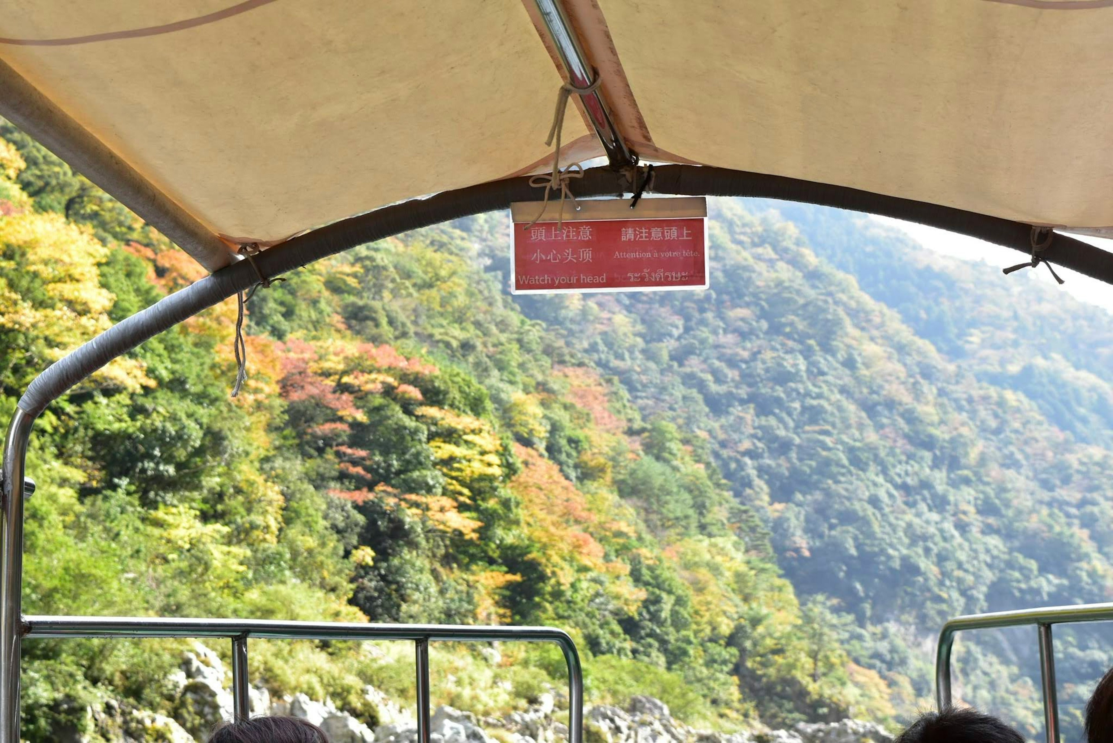 Blick auf bunte Herbstberge unter einem Bootsverdeck