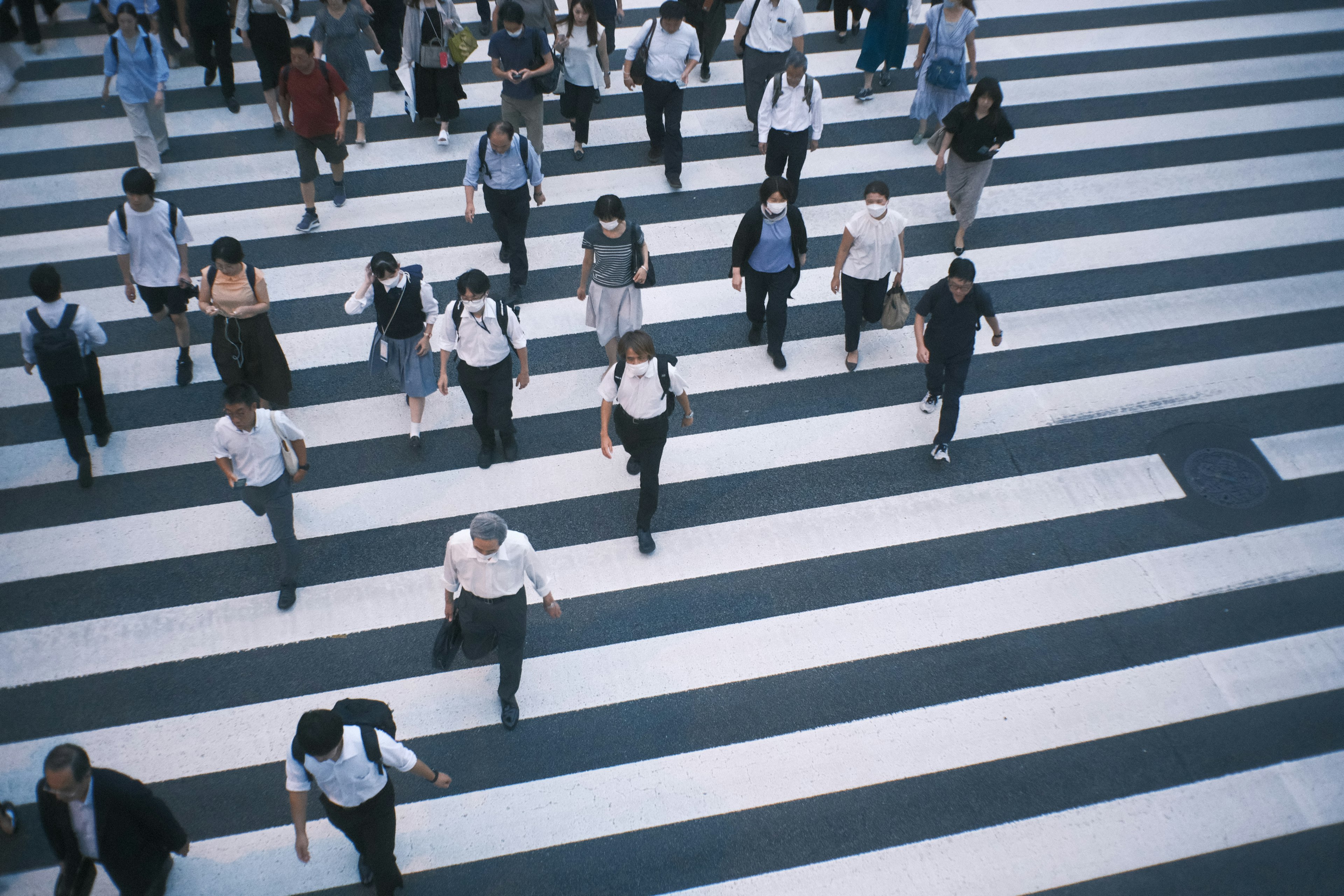 人々が横断歩道を渡っている様子の上空からの視点