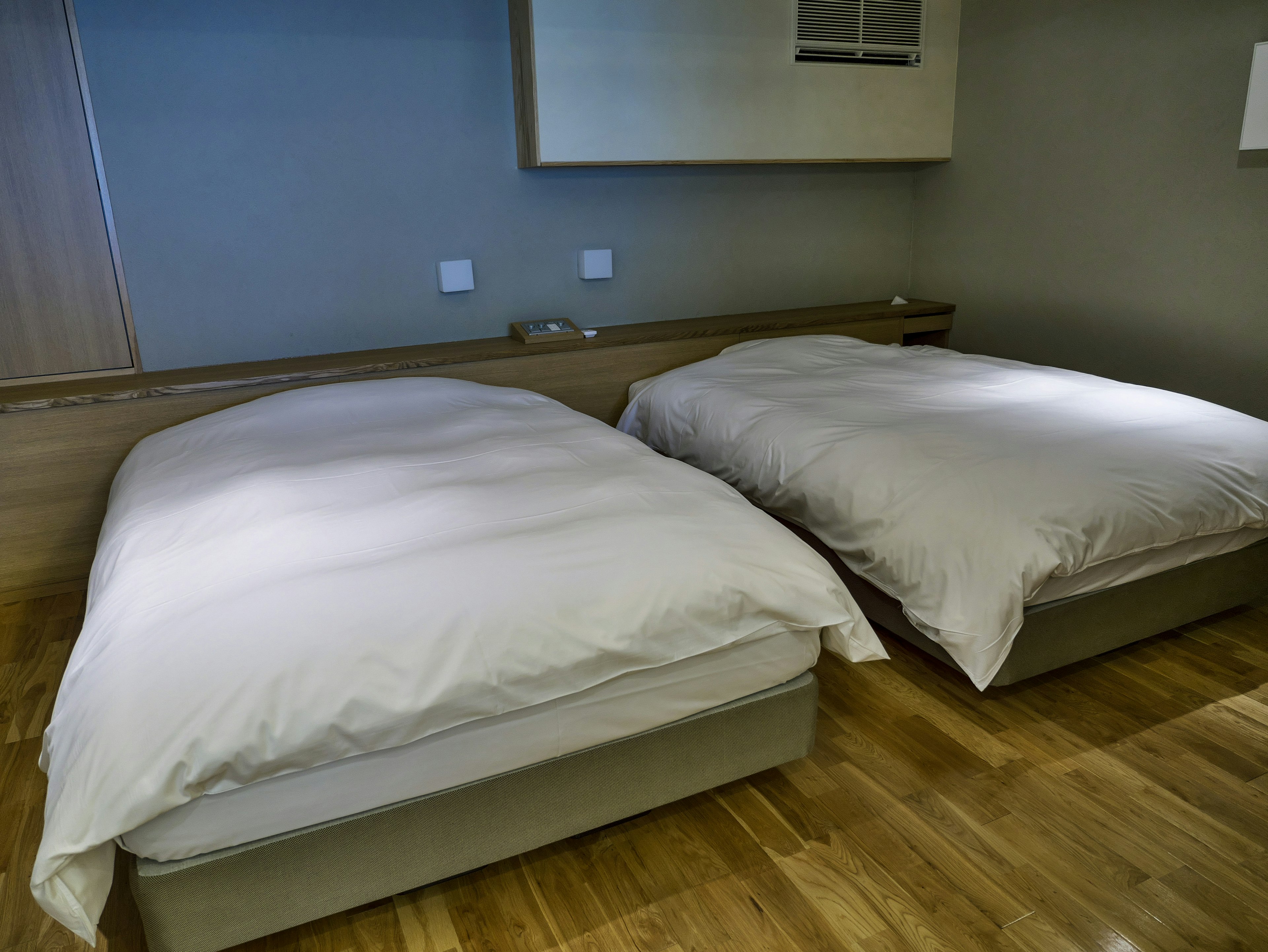 A modern room featuring two simple beds with white bedding