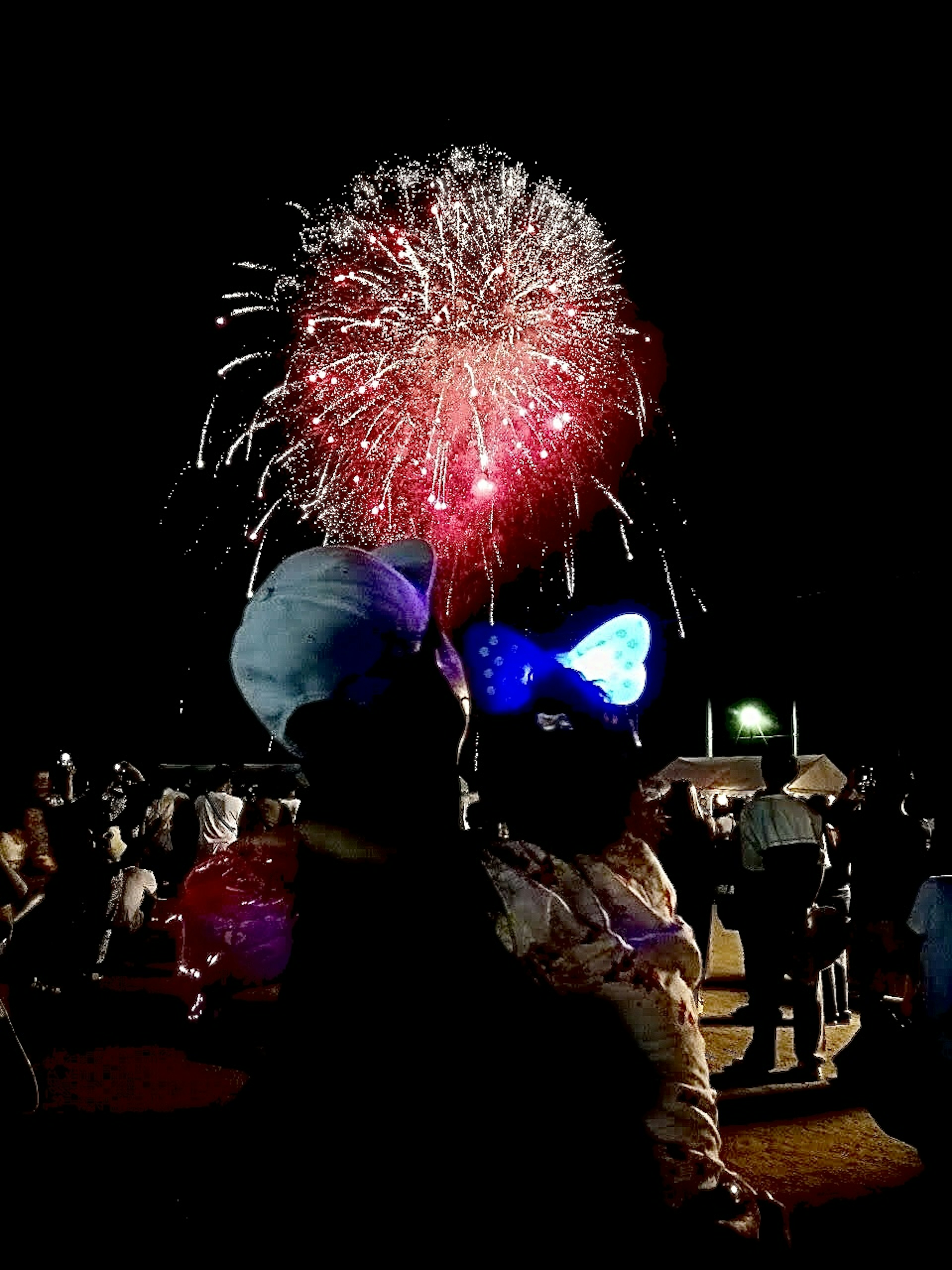 夜空に花火が上がる中、青いリボンをつけた子供を抱く親の後ろ姿