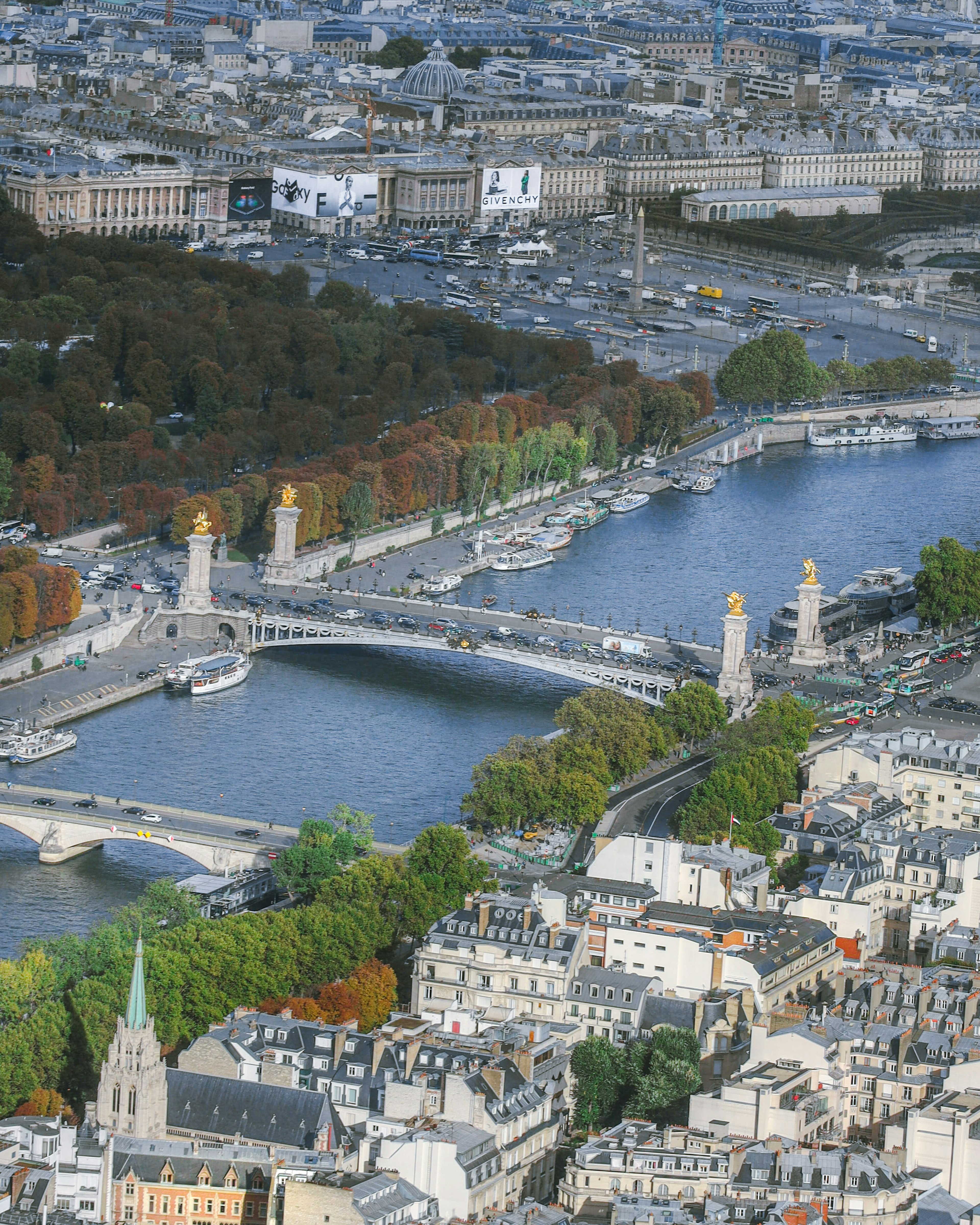 Aerial view of the Seine River and Alexandre III Bridge