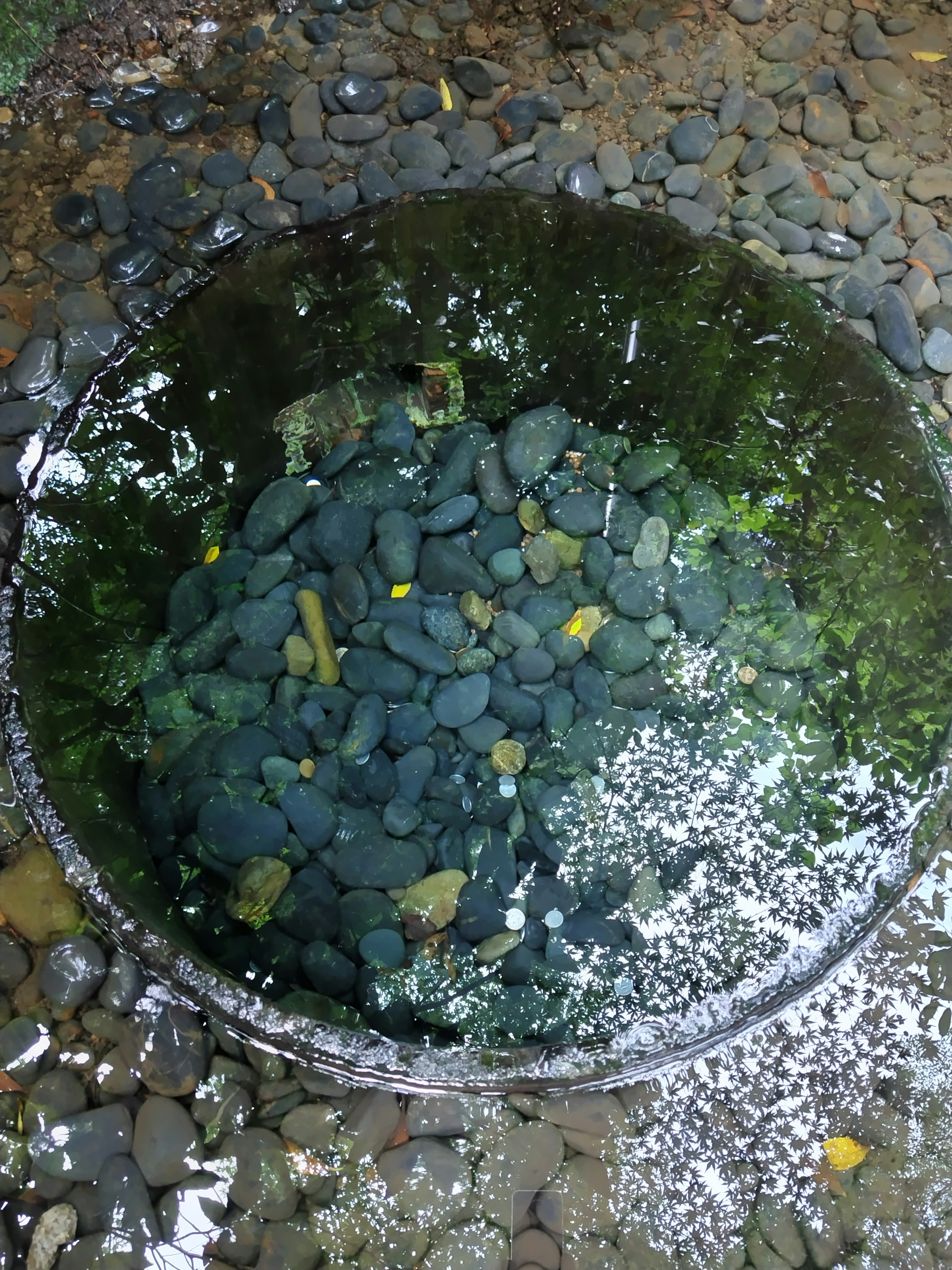 Un estanque circular de piedra lleno de piedras azules y musgo verde reflejando agua