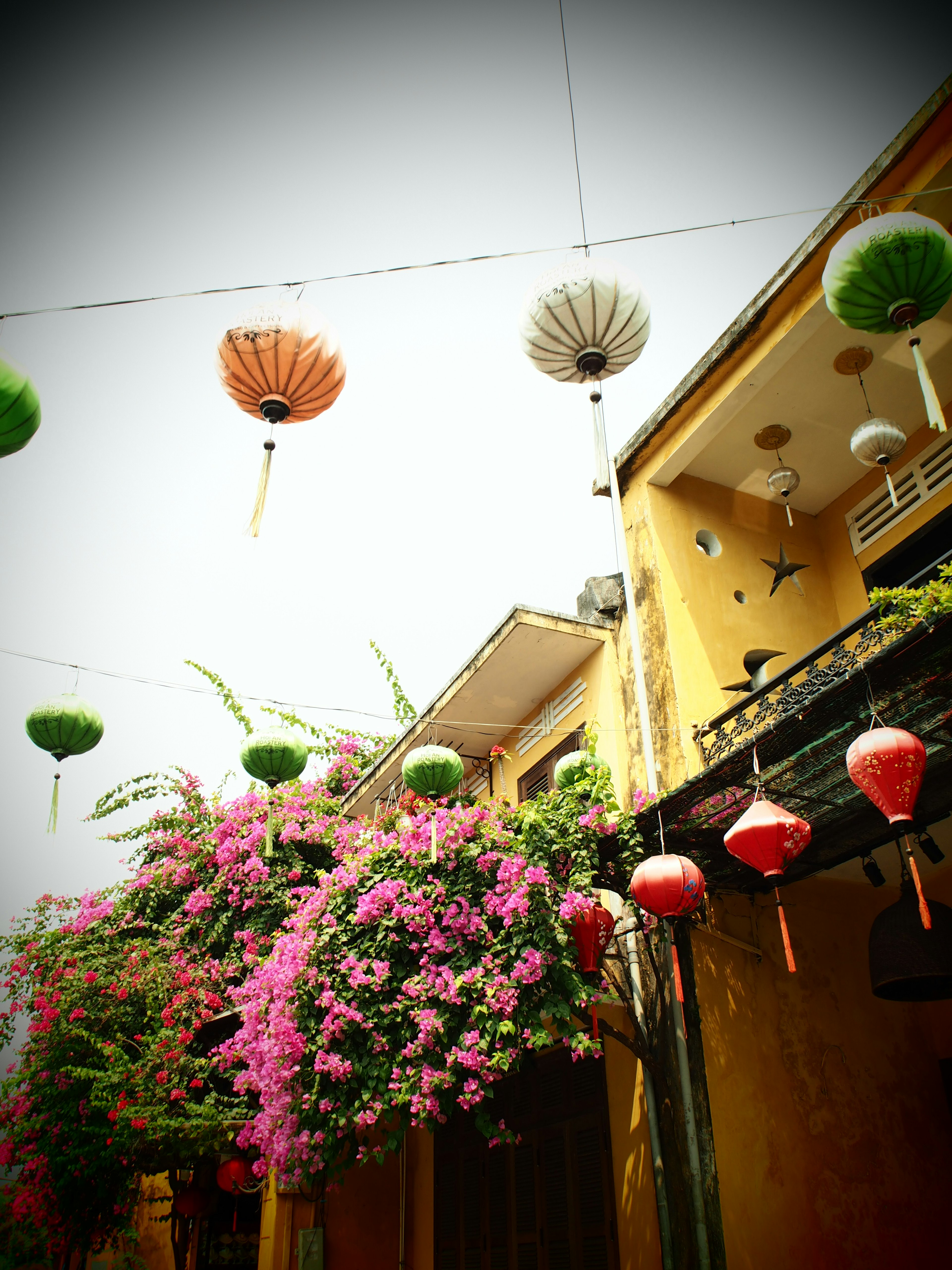 Lanterns colorate e fiori di bougainvillea decorano una strada vivace