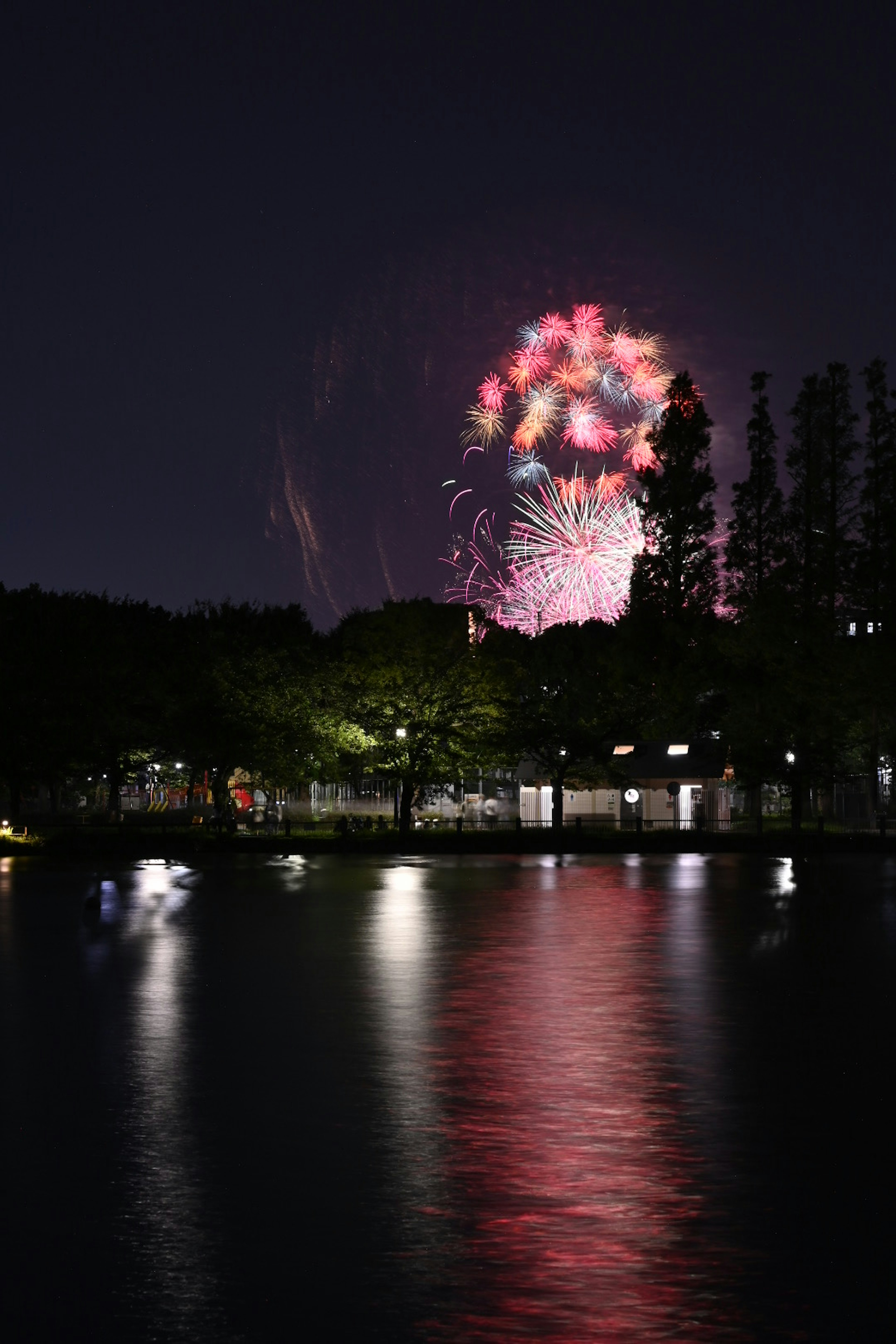 Beautiful scene of fireworks illuminating the night sky reflected on the water