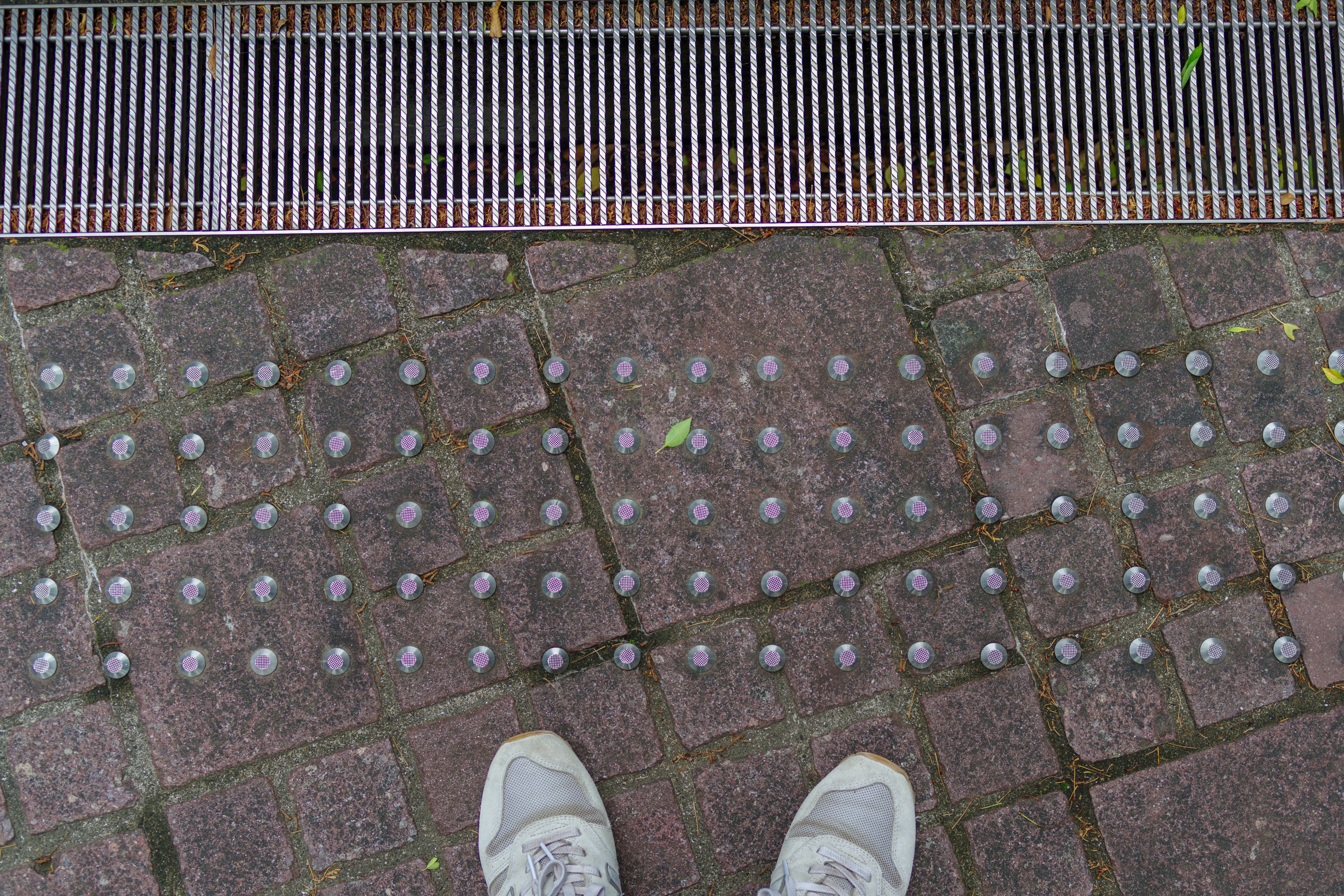 View of tactile paving and white sneakers at ground level