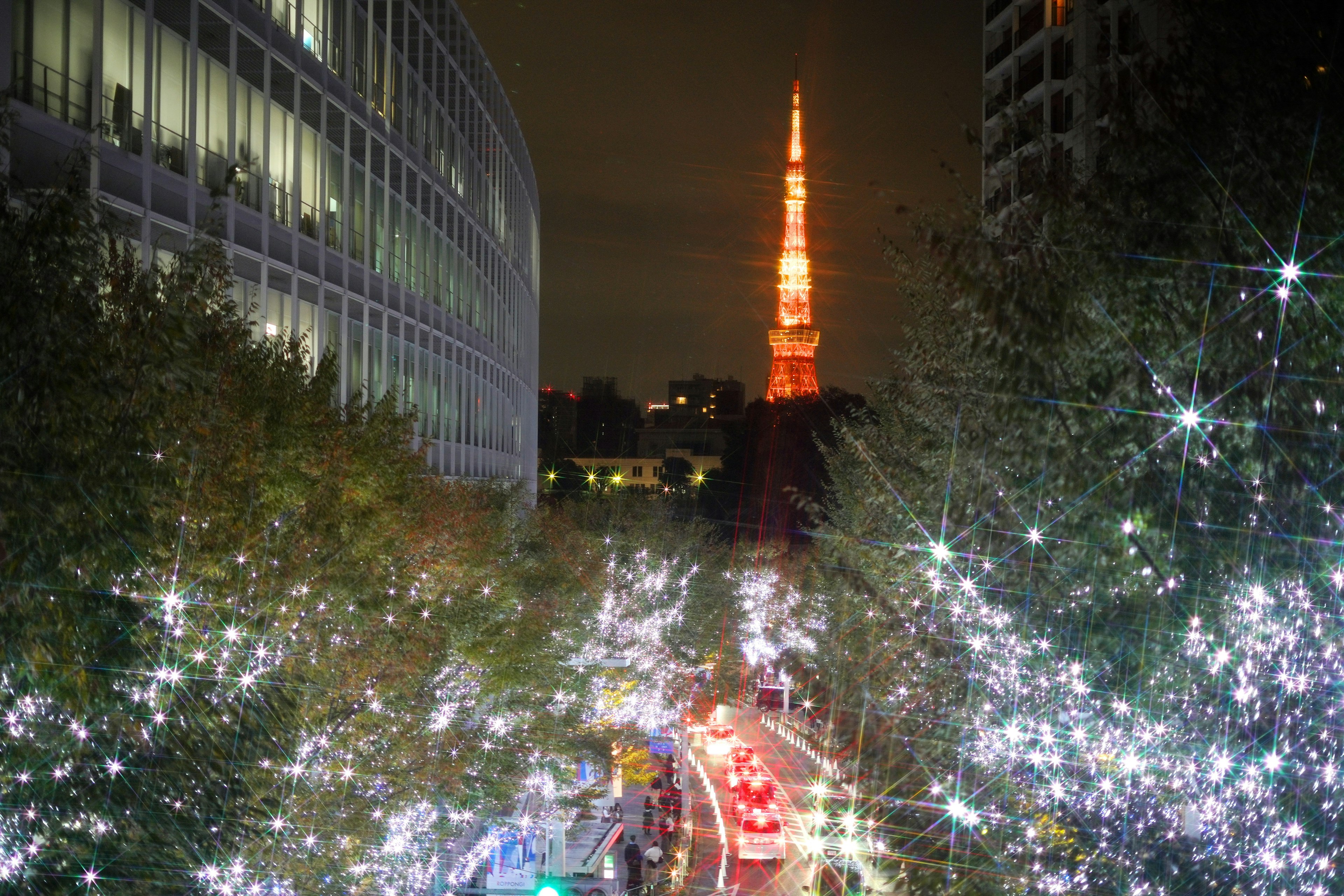 Tokyo Tower nachts beleuchtet mit funkelnden Bäumen entlang der Straße