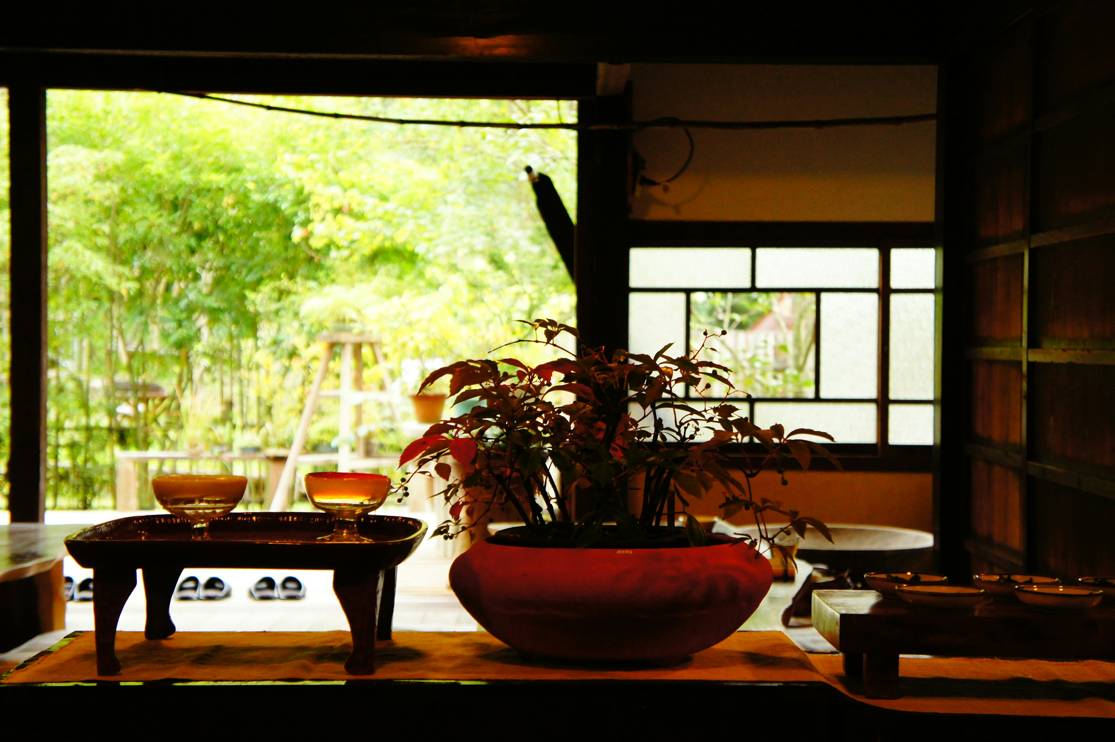 Interior Jepang tradisional dengan pemandangan taman rimbun yang menampilkan tanaman dan peralatan teh di atas meja