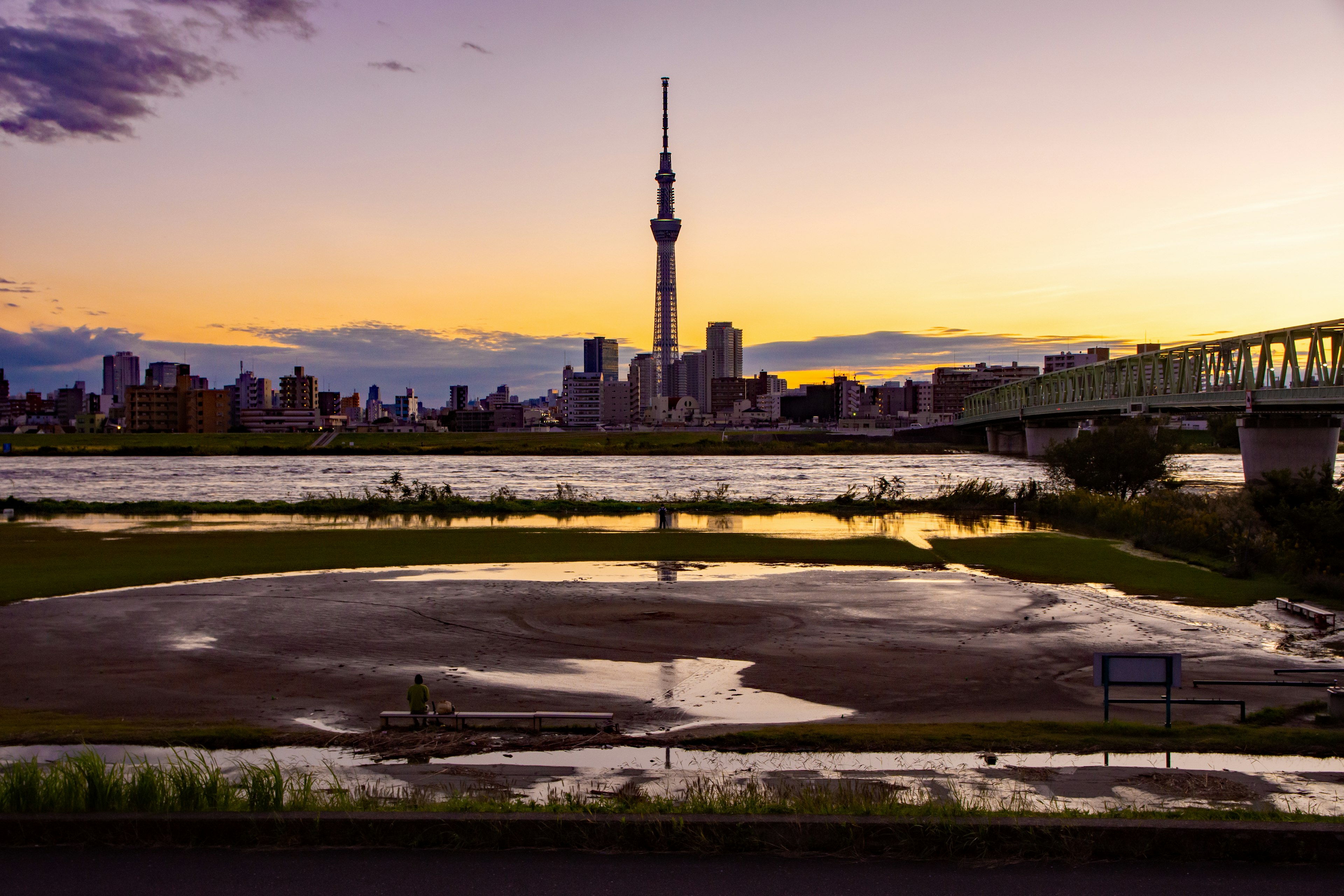 Tokyo Skytree saat matahari terbenam dengan cakrawala kota