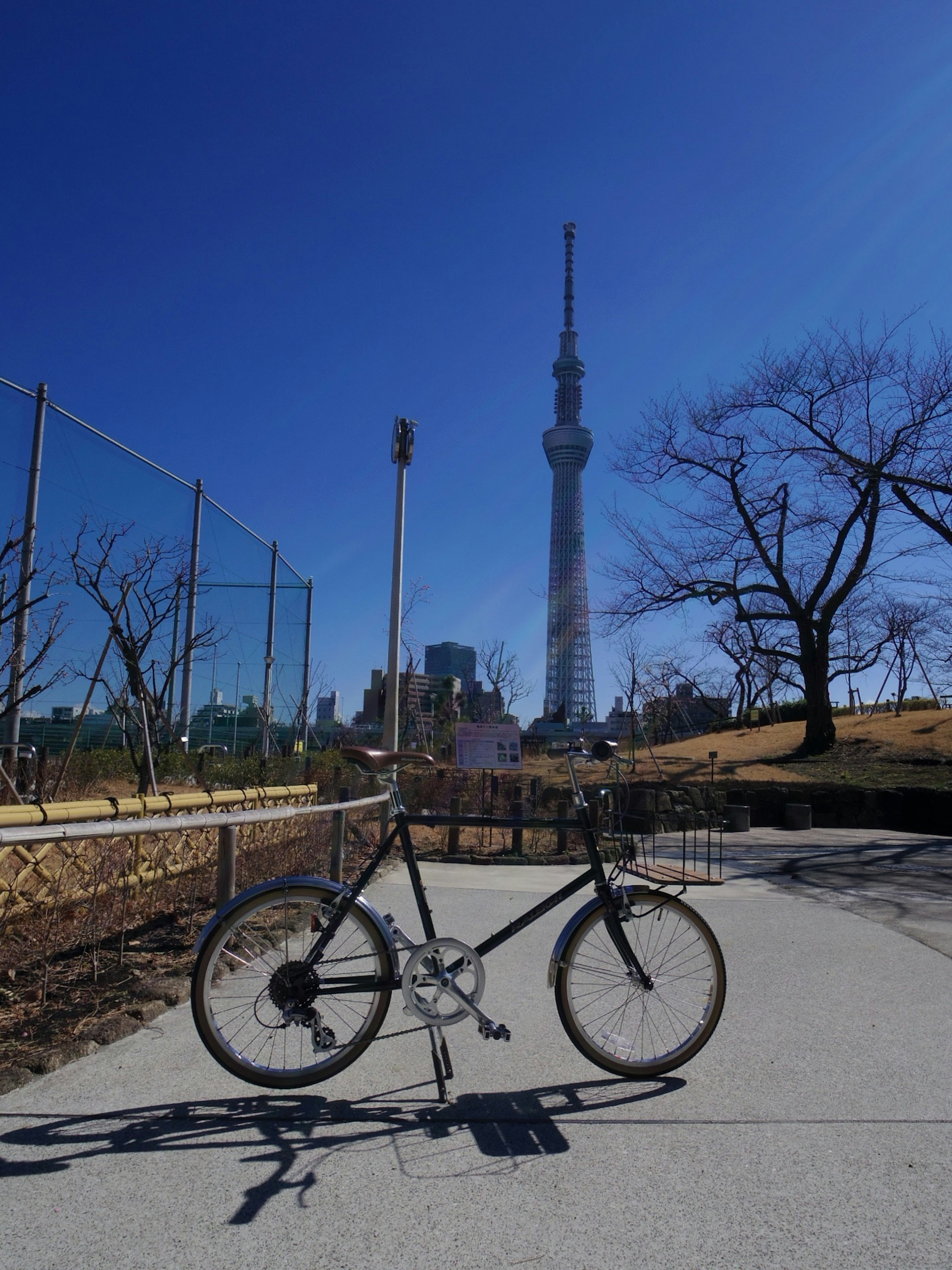 Vélo devant la Tokyo Skytree sous un ciel bleu clair