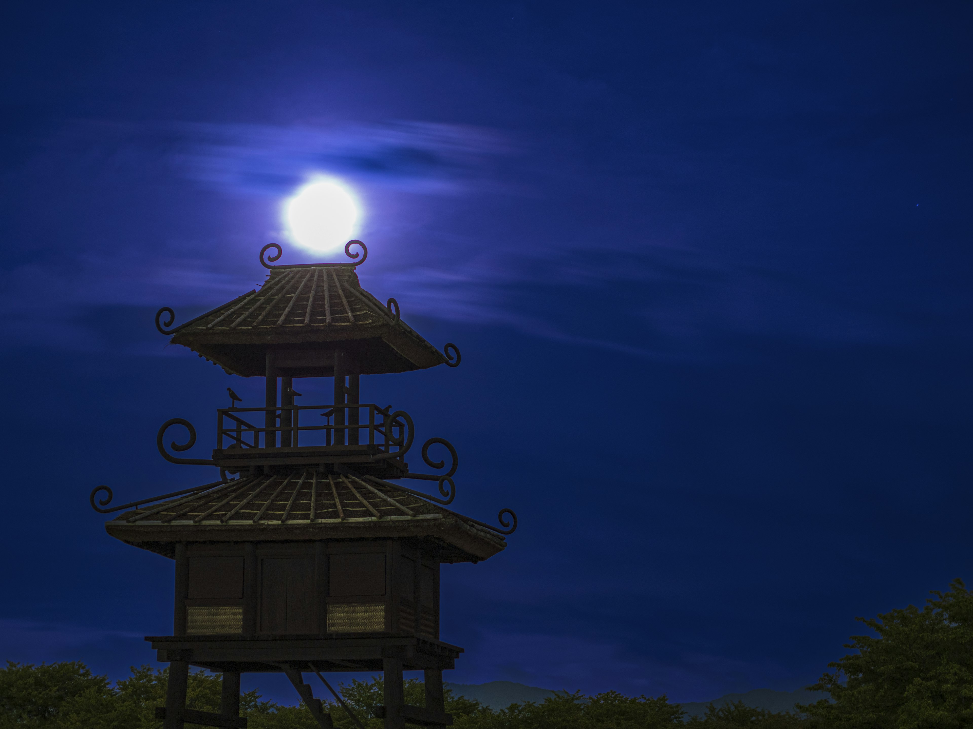 Silhouette of an Eastern-style building illuminated by moonlight