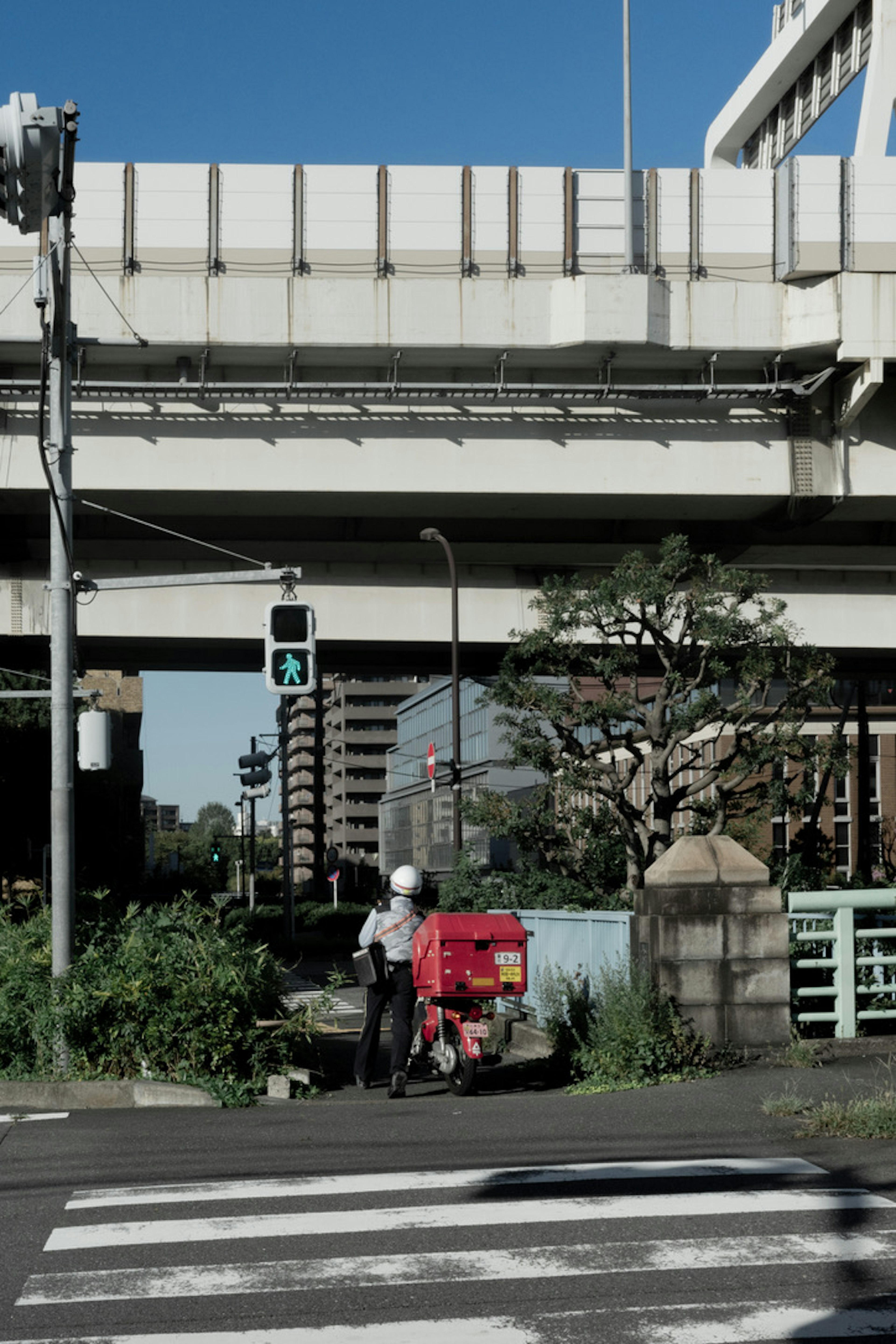 Delivery person with red bicycle under an overpass and traffic light