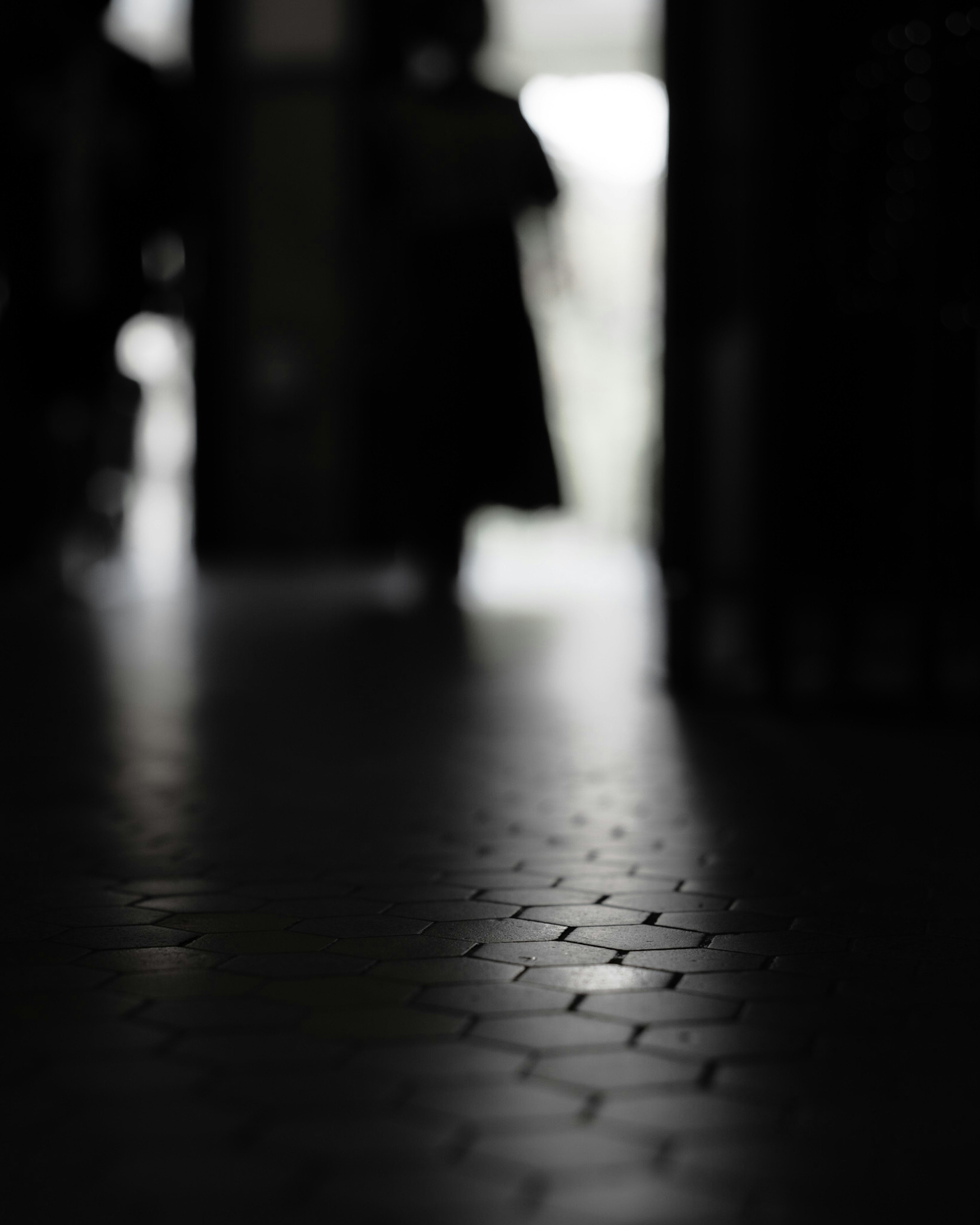 A figure walking in a dimly lit hallway with shadows