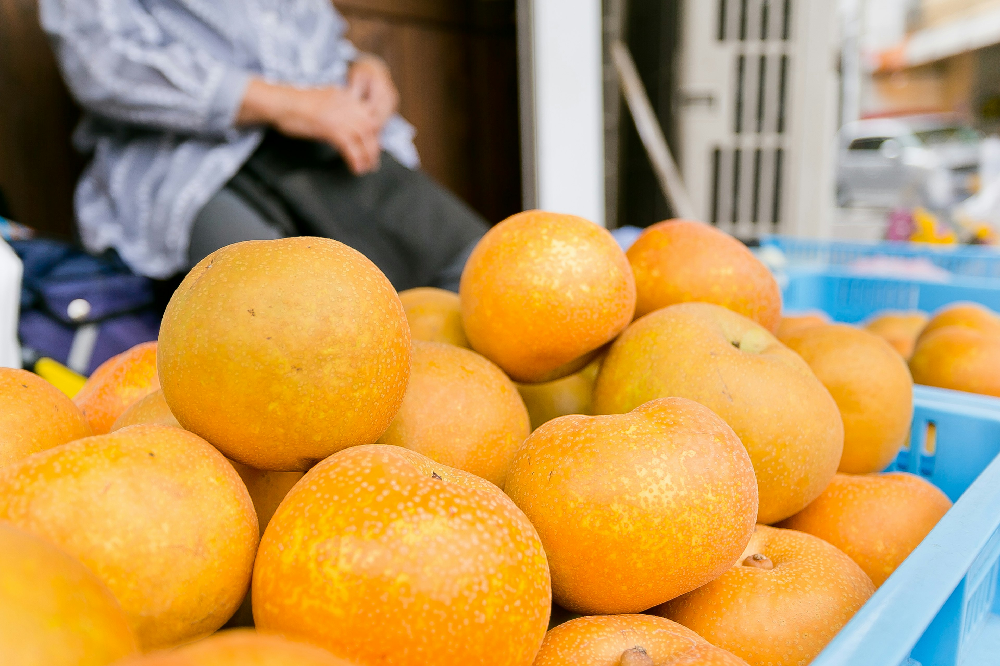 A market scene with a pile of oranges under a clear sky