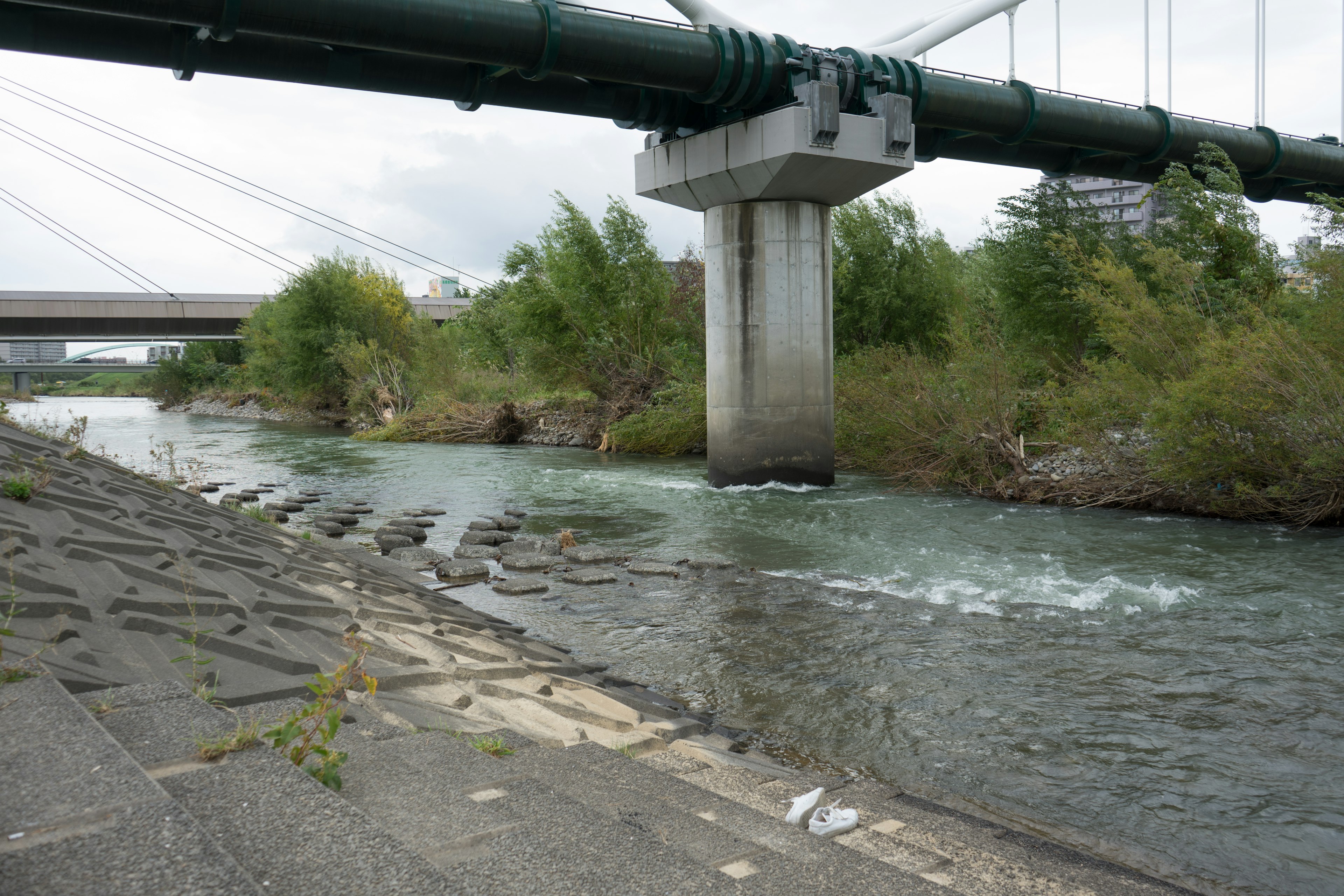 A scenic view featuring a flowing river and a bridge pillar with greenery and concrete banks