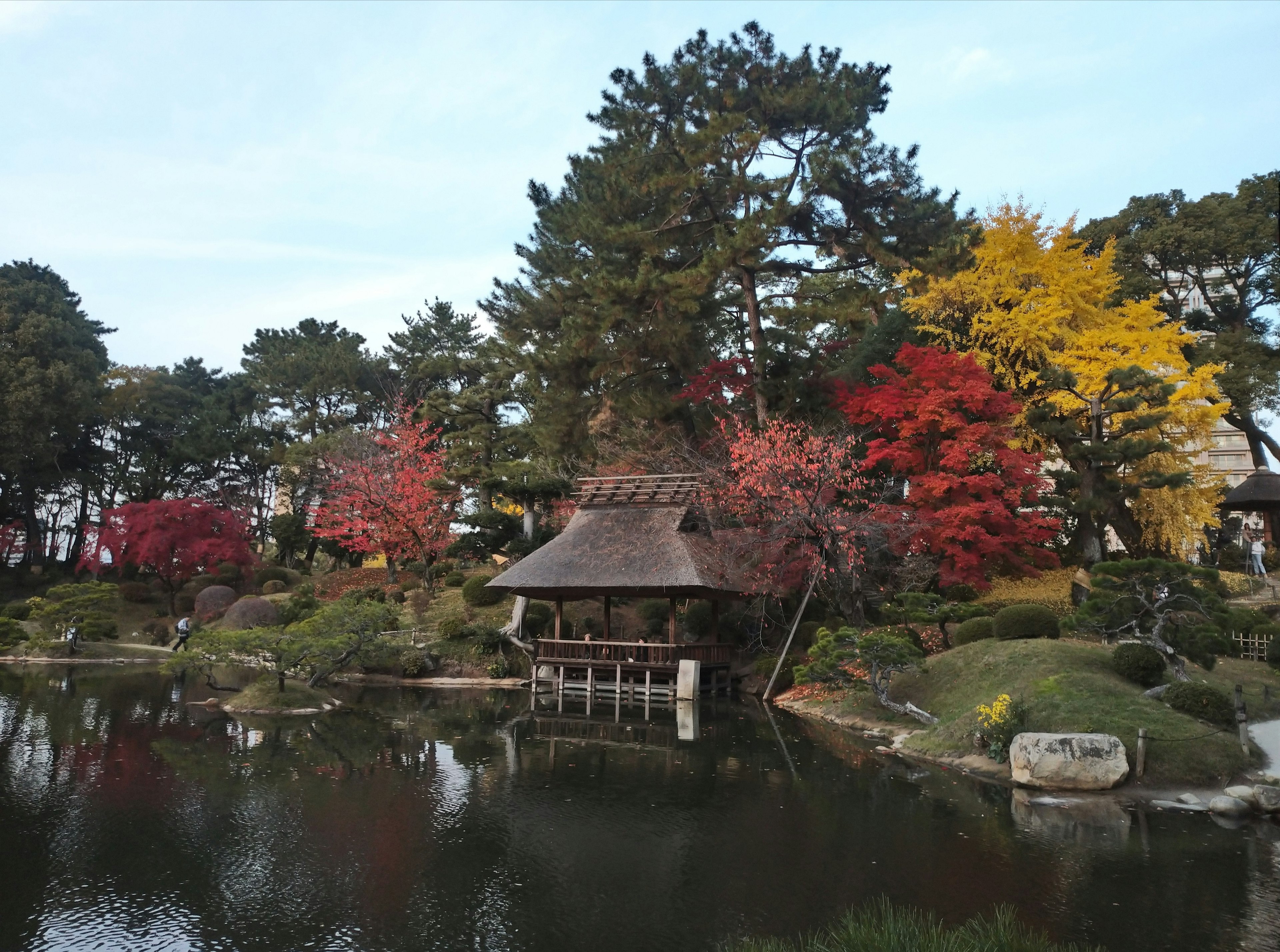 Japanese garden scene with autumn colors and a traditional thatched-roof hut