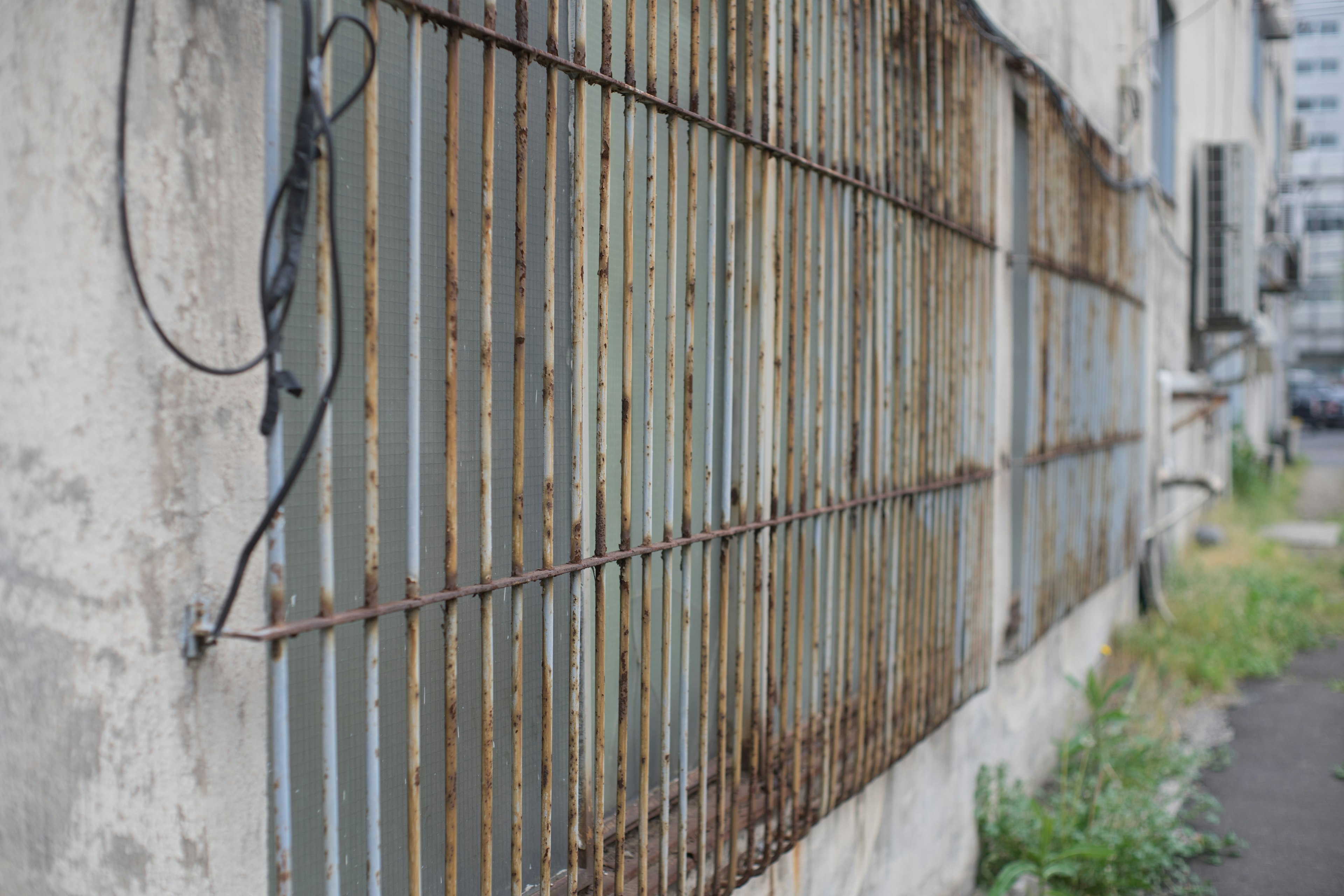 Imagen en primer plano de barras de hierro oxidadas contra una pared de concreto