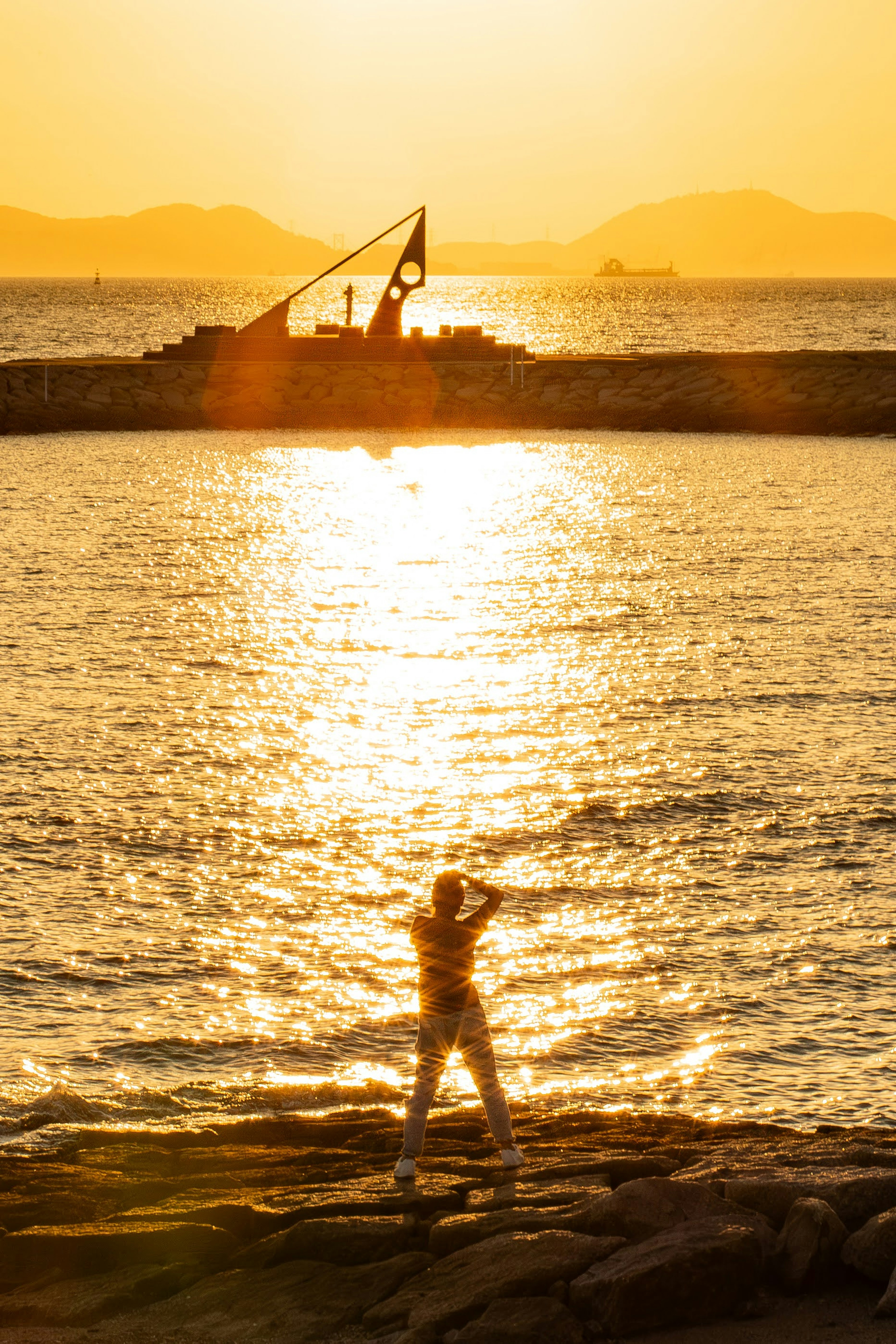 夕日を背景にした海岸でポーズを取る人物