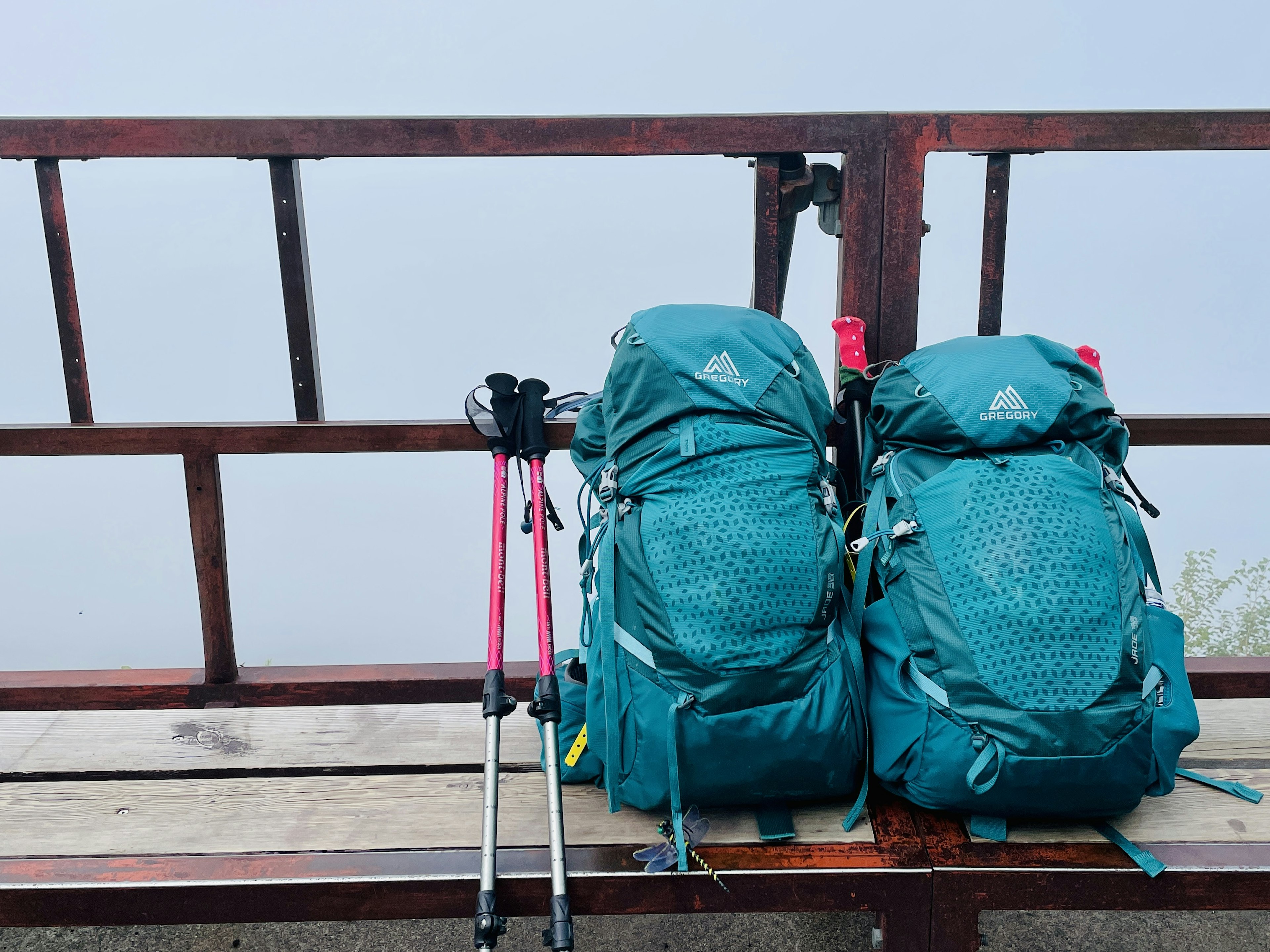 Two teal backpacks are placed side by side on a wooden deck with hiking poles nearby in a misty environment