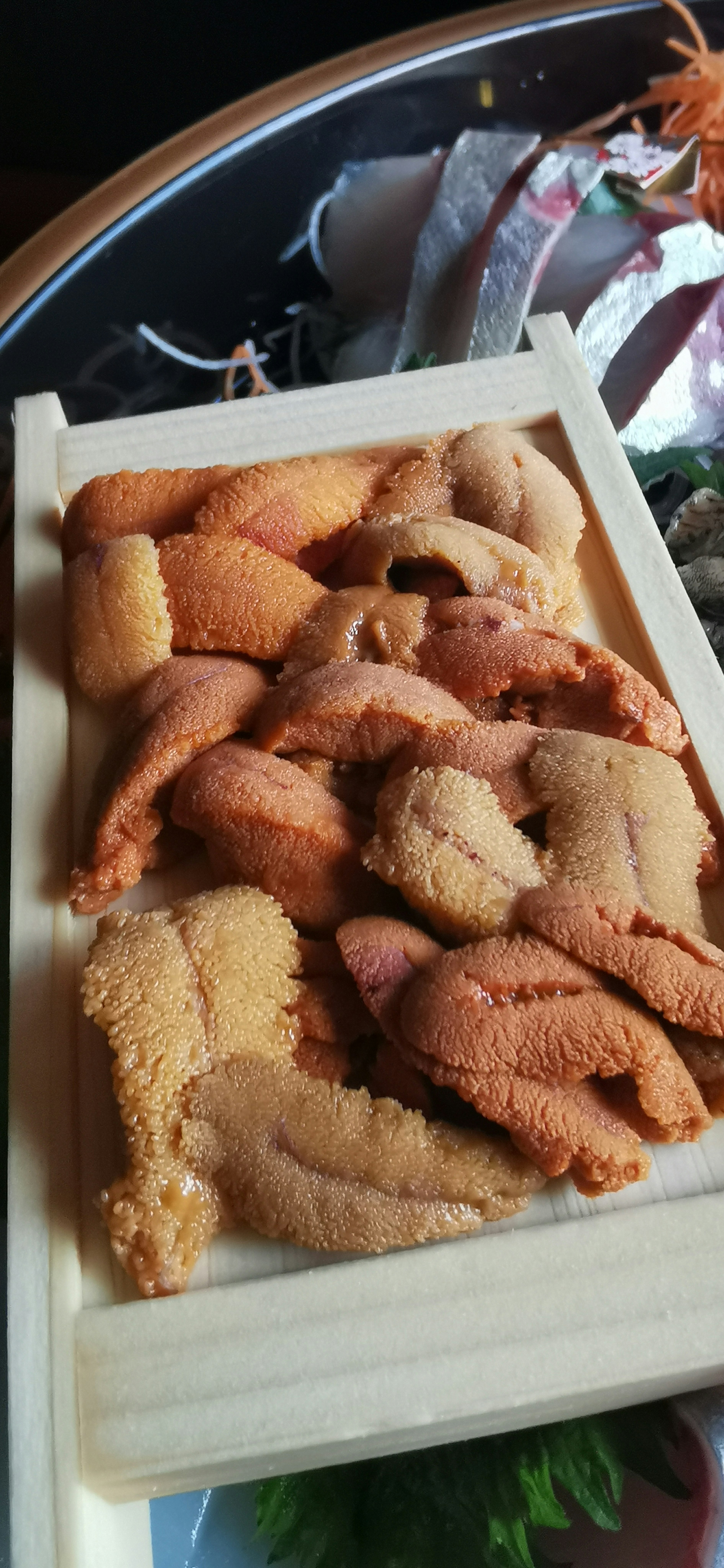 Assorted fresh sea urchin served in a wooden box