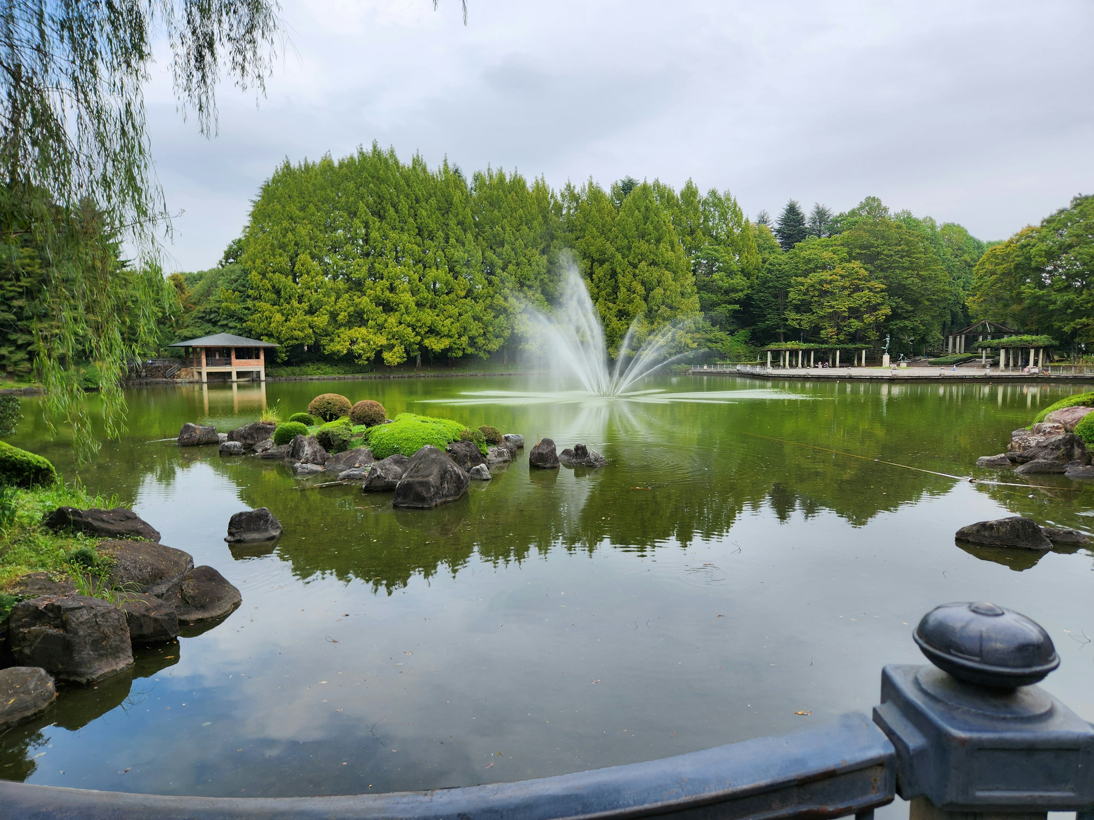 Kolam tenang di taman dengan air mancur dikelilingi pepohonan hijau subur dan batu kecil