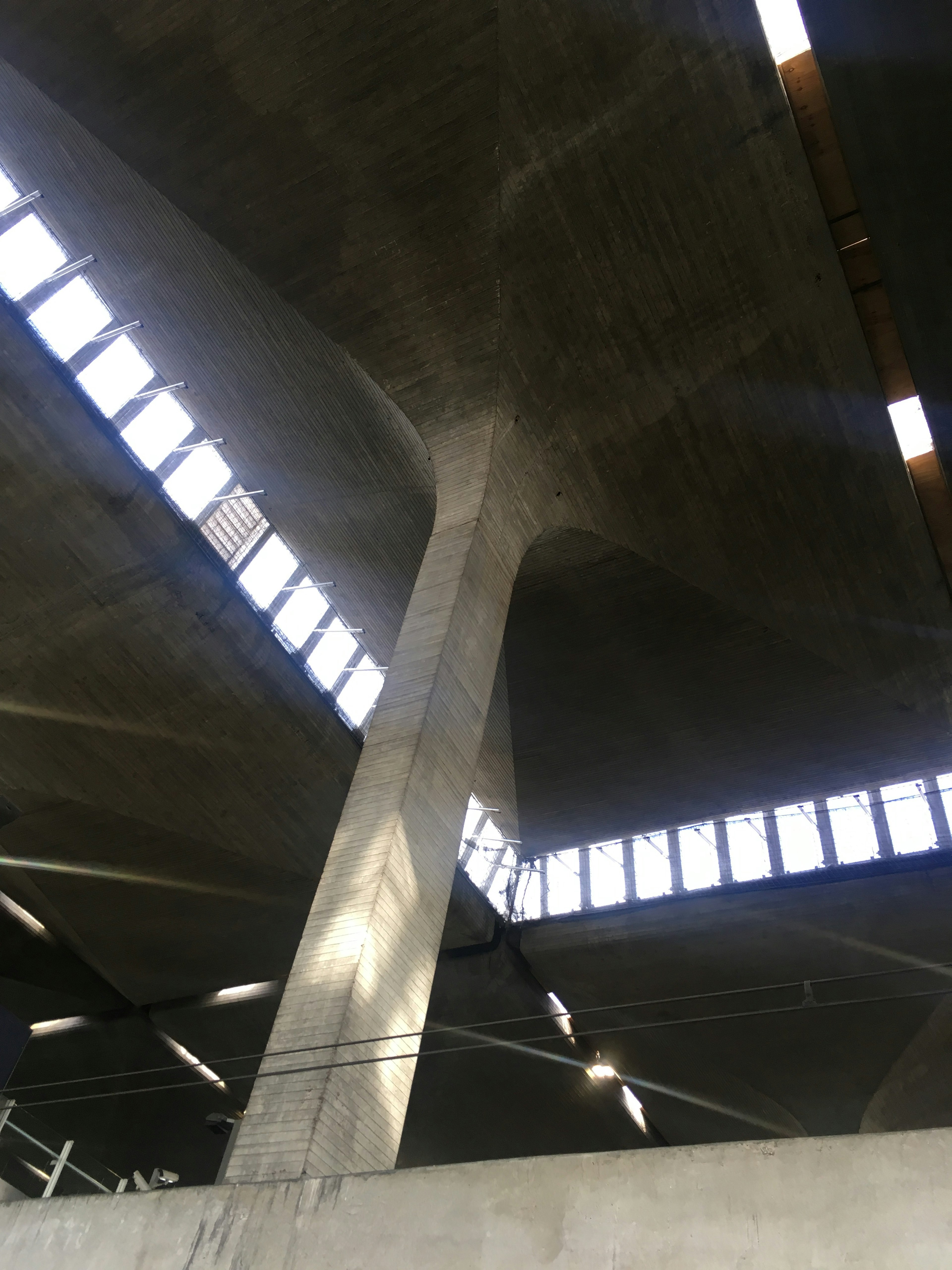 Modern interior featuring concrete pillars and intersecting light from windows