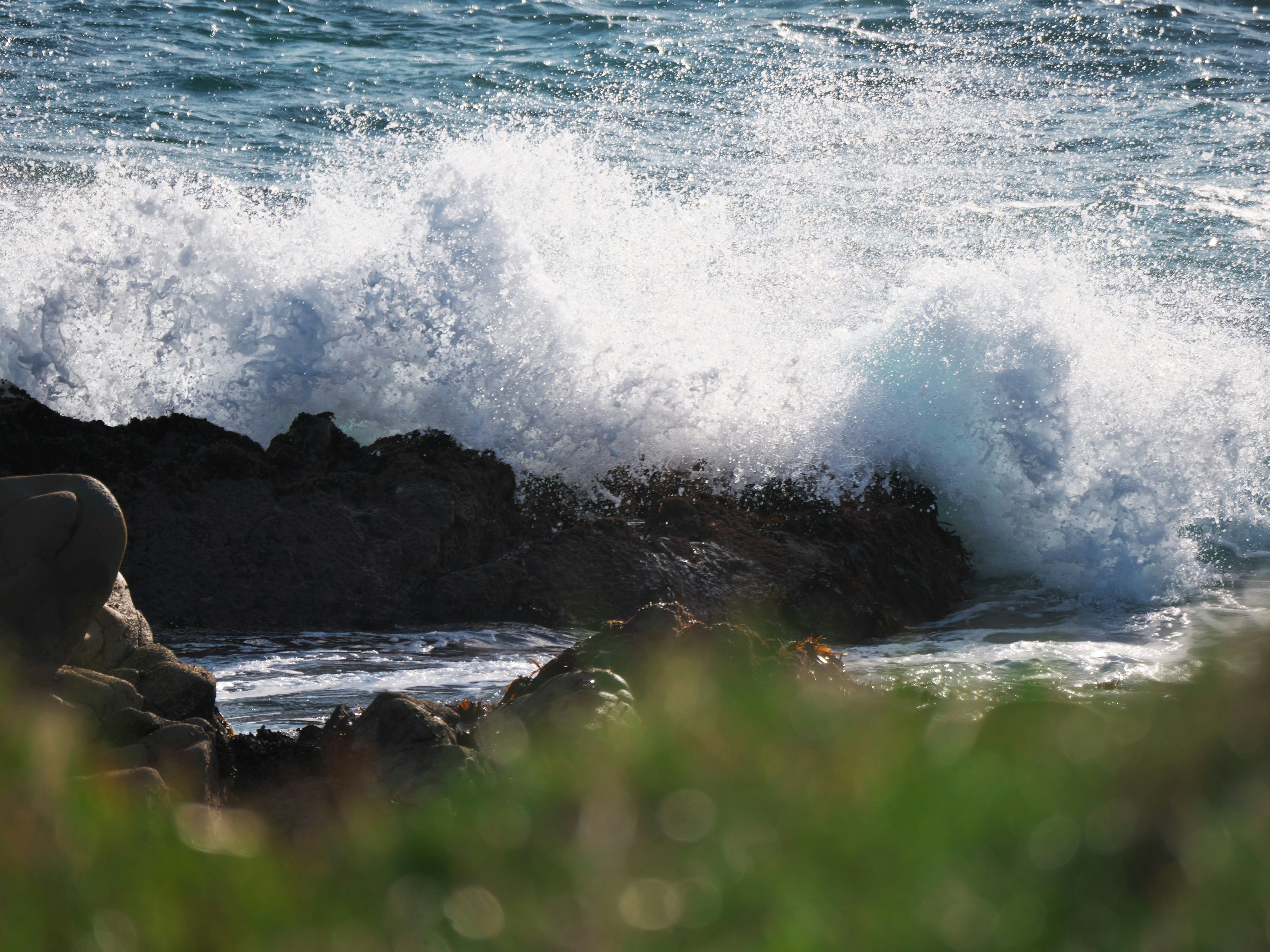 Olas rompiendo contra las rocas en una escena costera