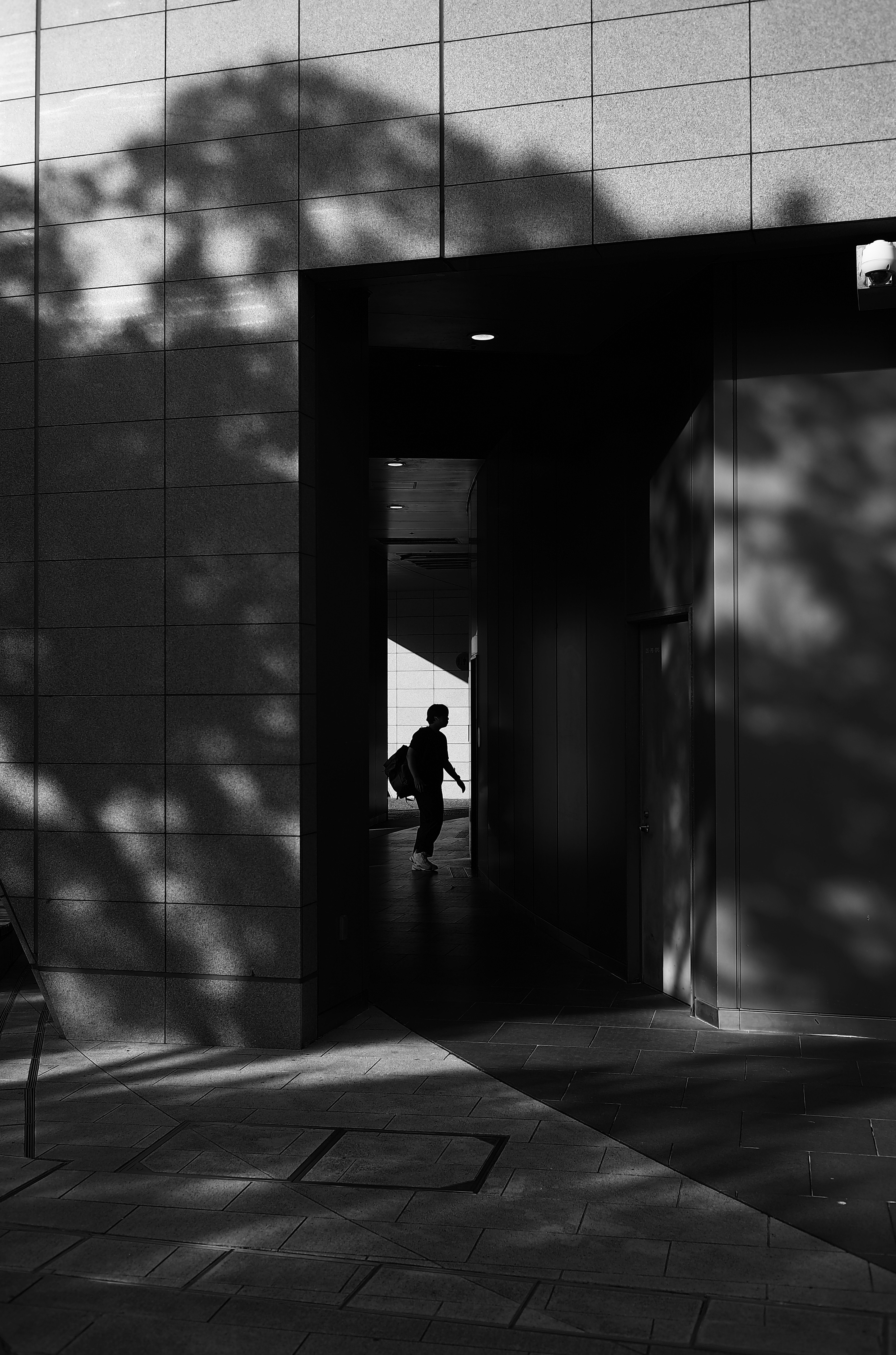 Silhouette of a person walking through a dark doorway with shadow patterns