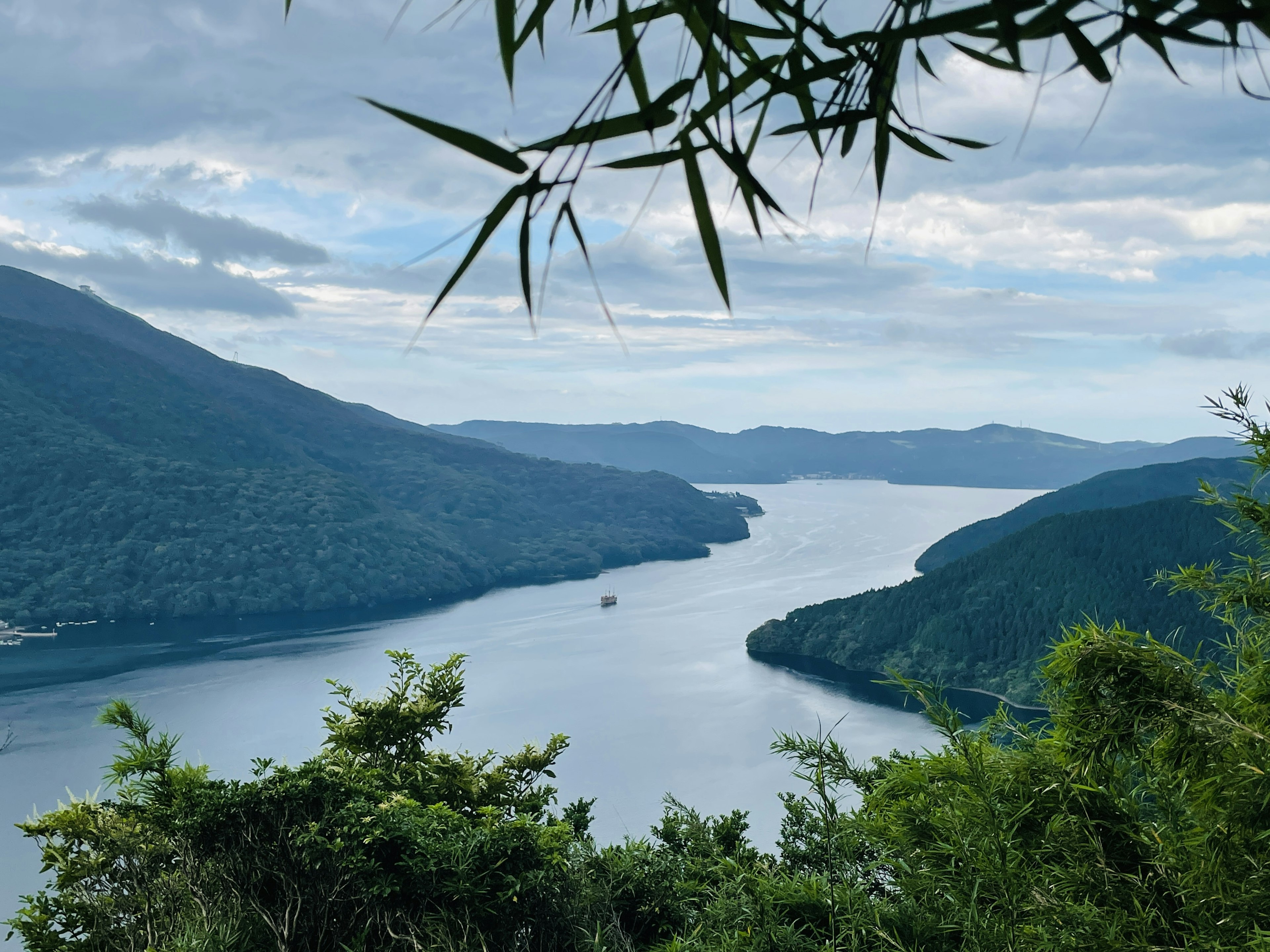 宁静的湖泊景观，山脉和竹叶