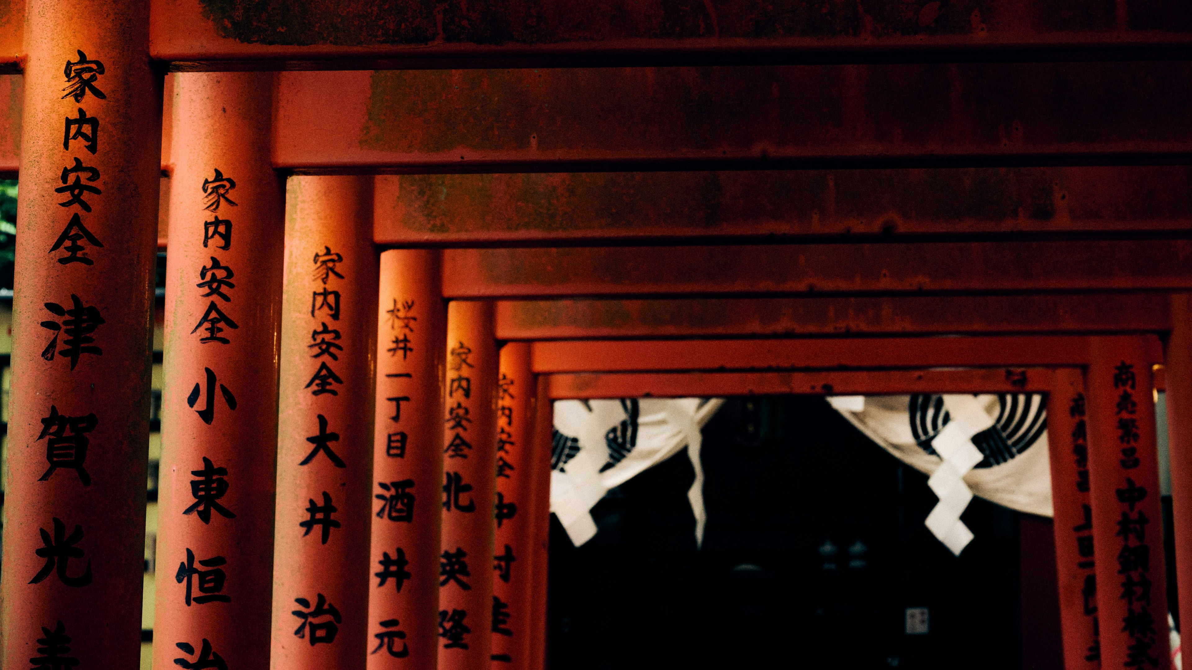 Tunnel of red torii gates with kanji inscriptions