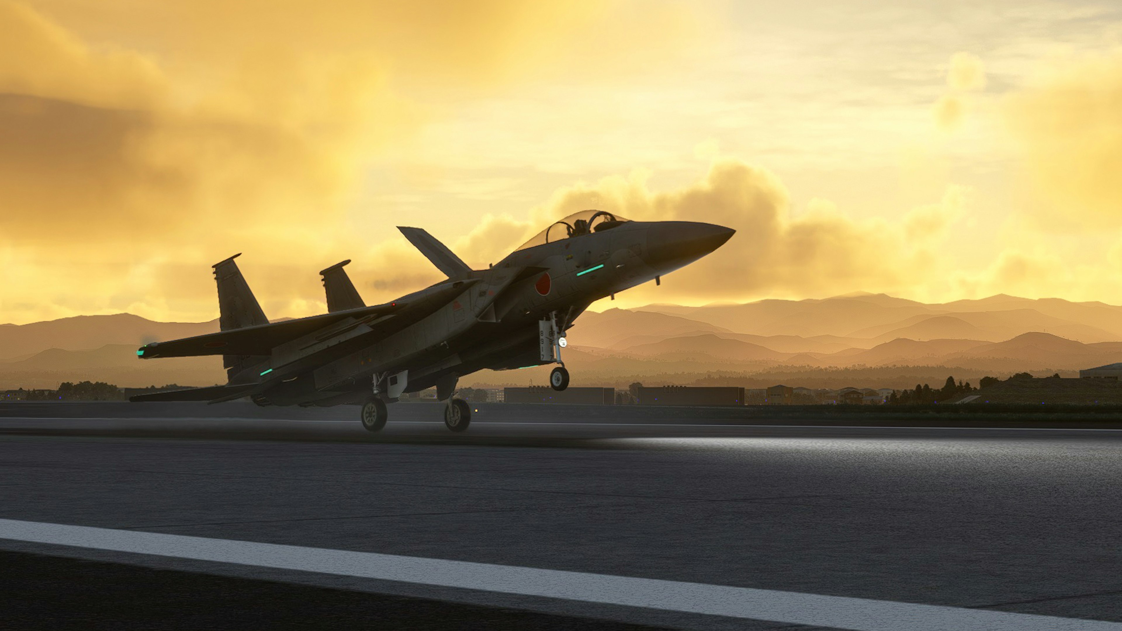 Avion de chasse décollant sur la piste contre un ciel de coucher de soleil