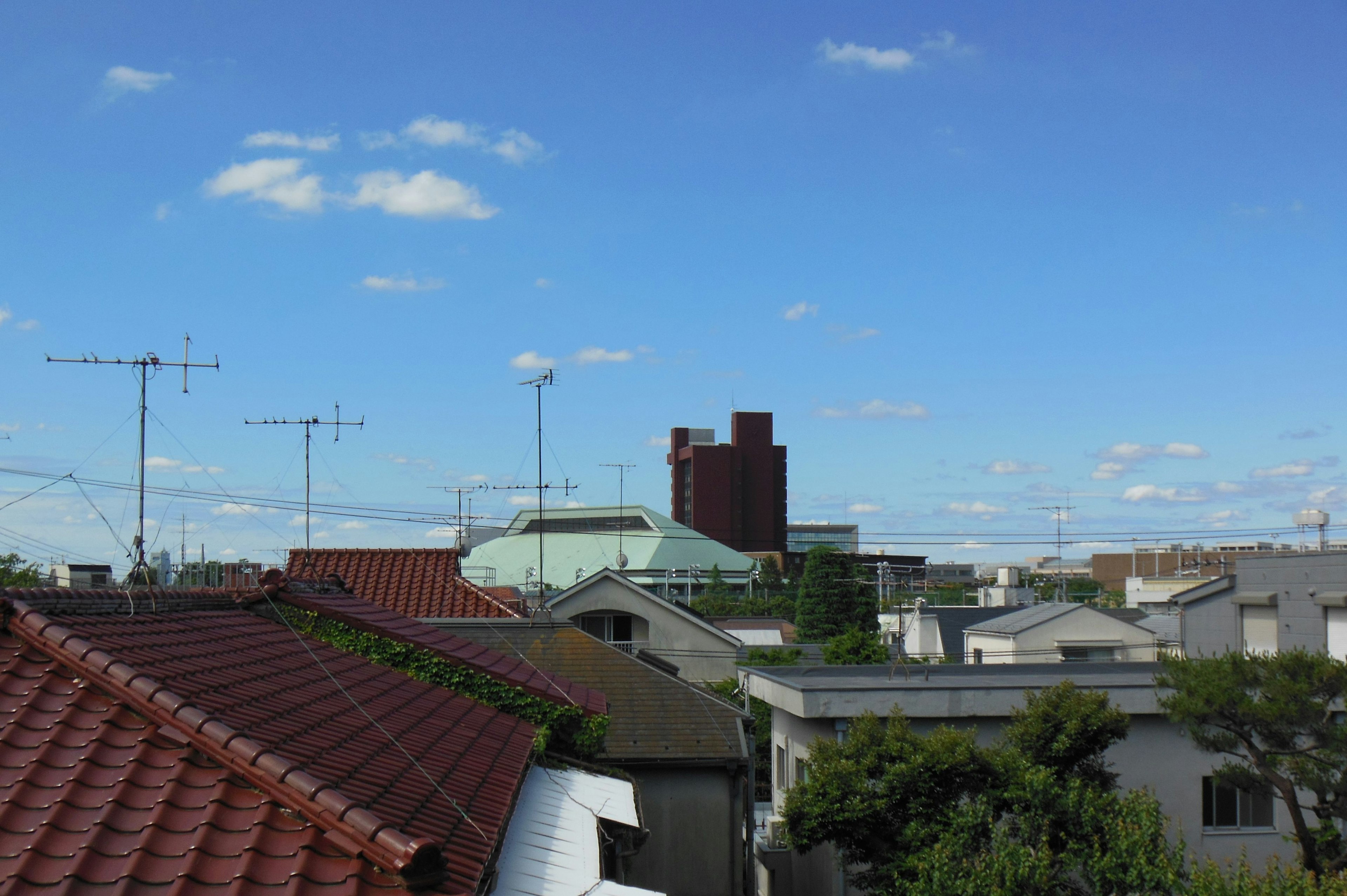 Residential area with rooftops under a blue sky