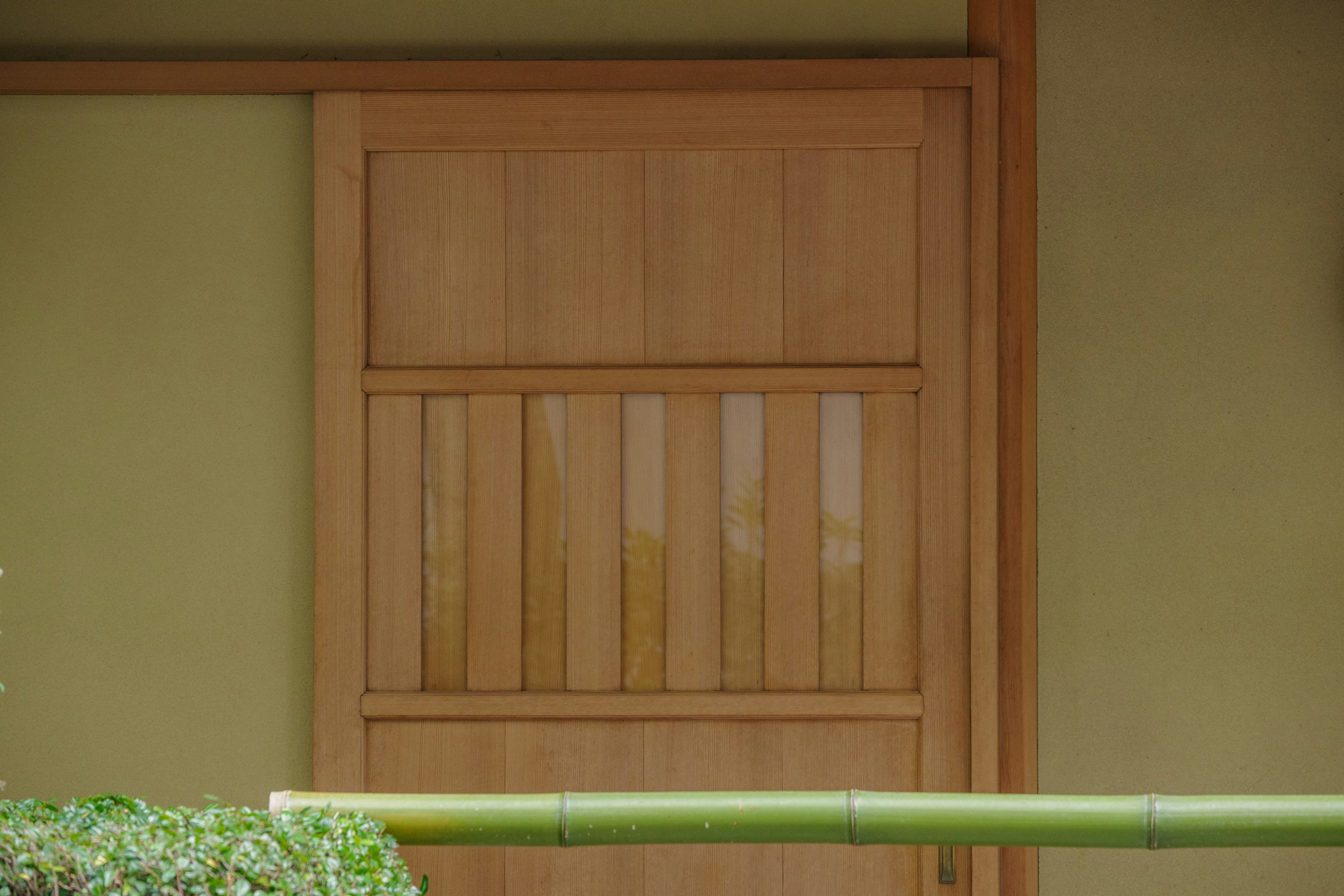 Traditional Japanese wooden door with green wall