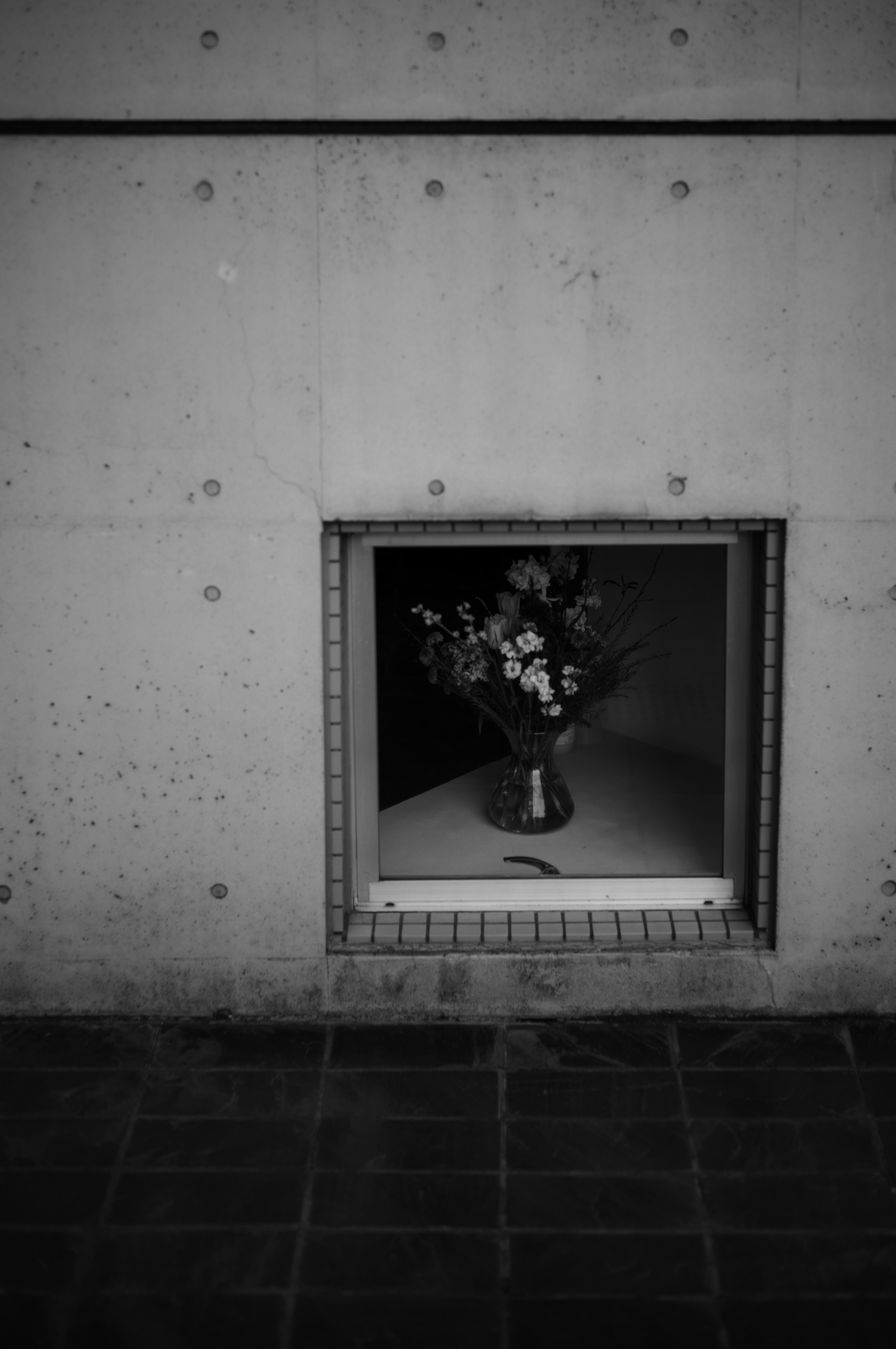 Imagen en blanco y negro de un jarrón con flores dentro de una ventana en una pared de concreto