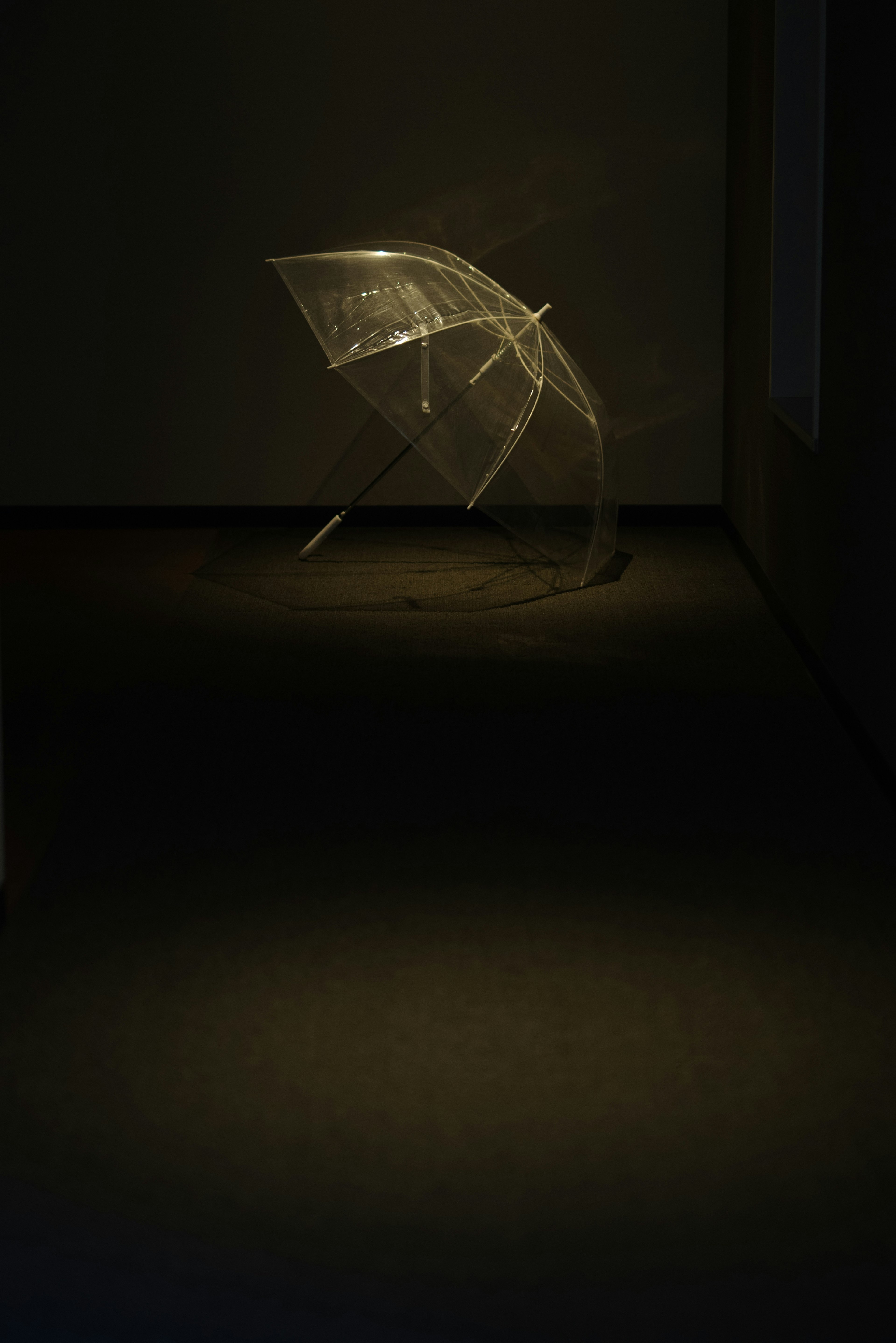 Parapluie transparent reflétant la lumière dans un espace faiblement éclairé