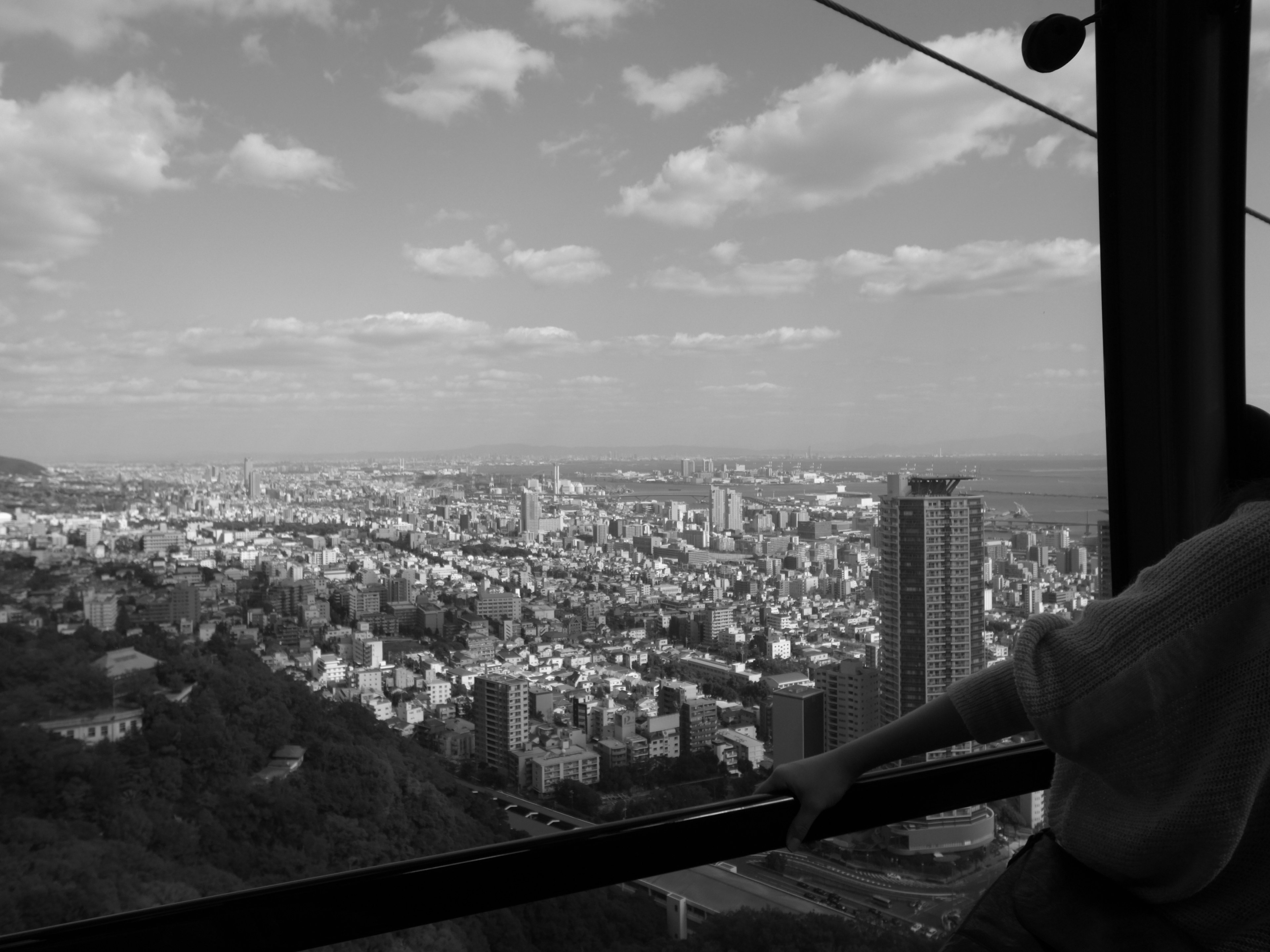 高層ビルが立ち並ぶ街の景色を見下ろす人物