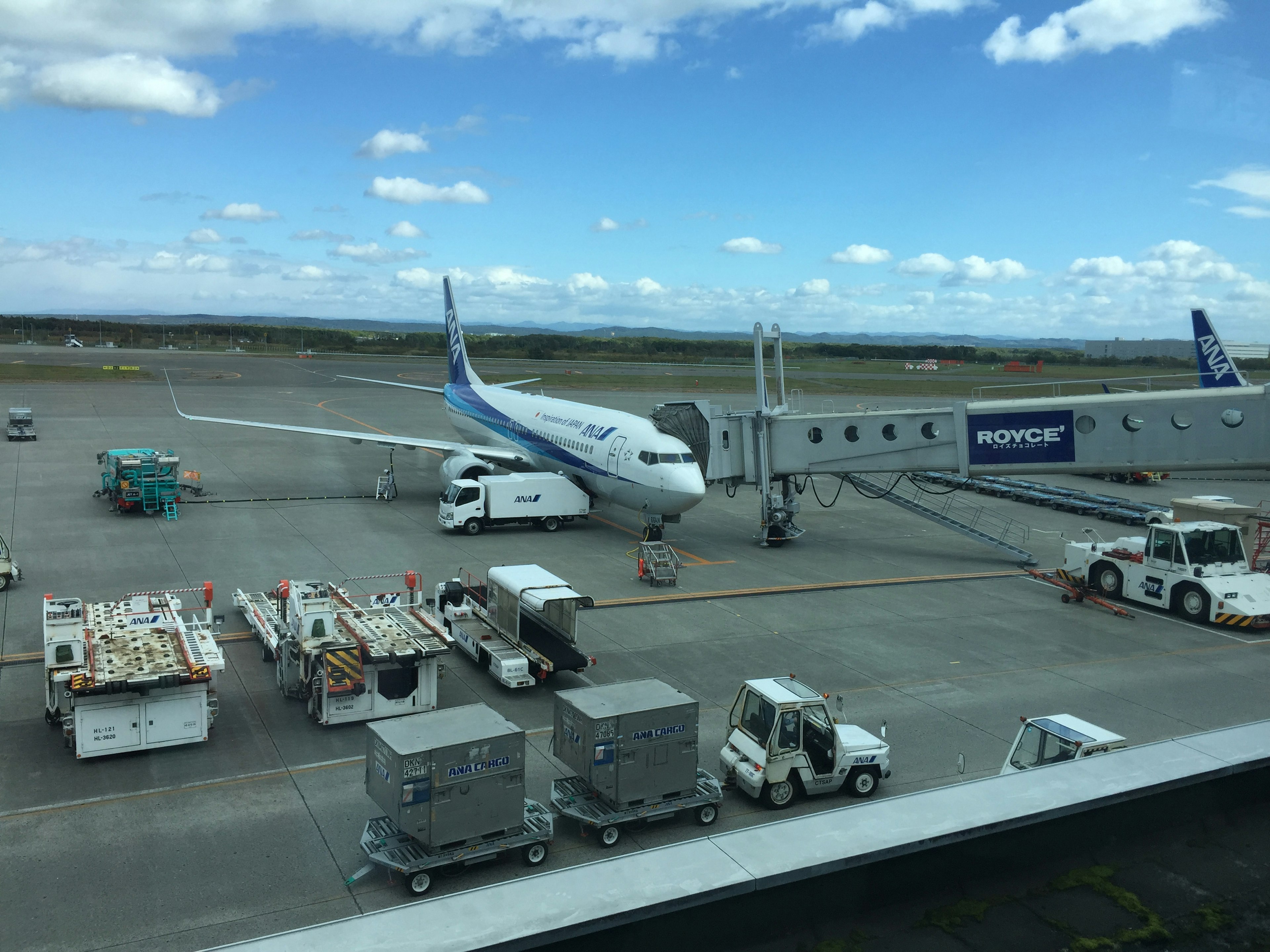 Airplane parked at the airport runway with cargo area