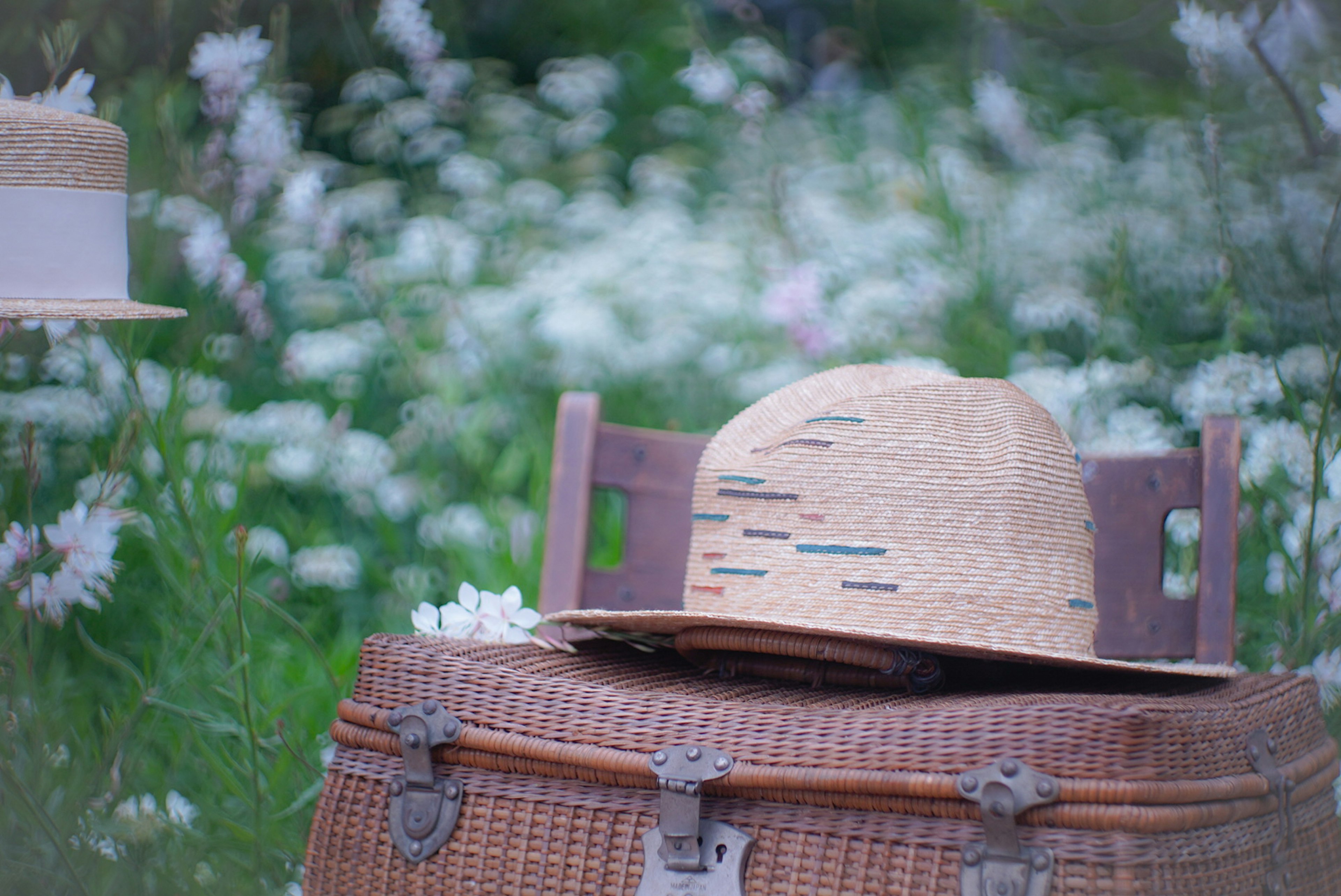 Straw hat resting on a wicker basket surrounded by wildflowers