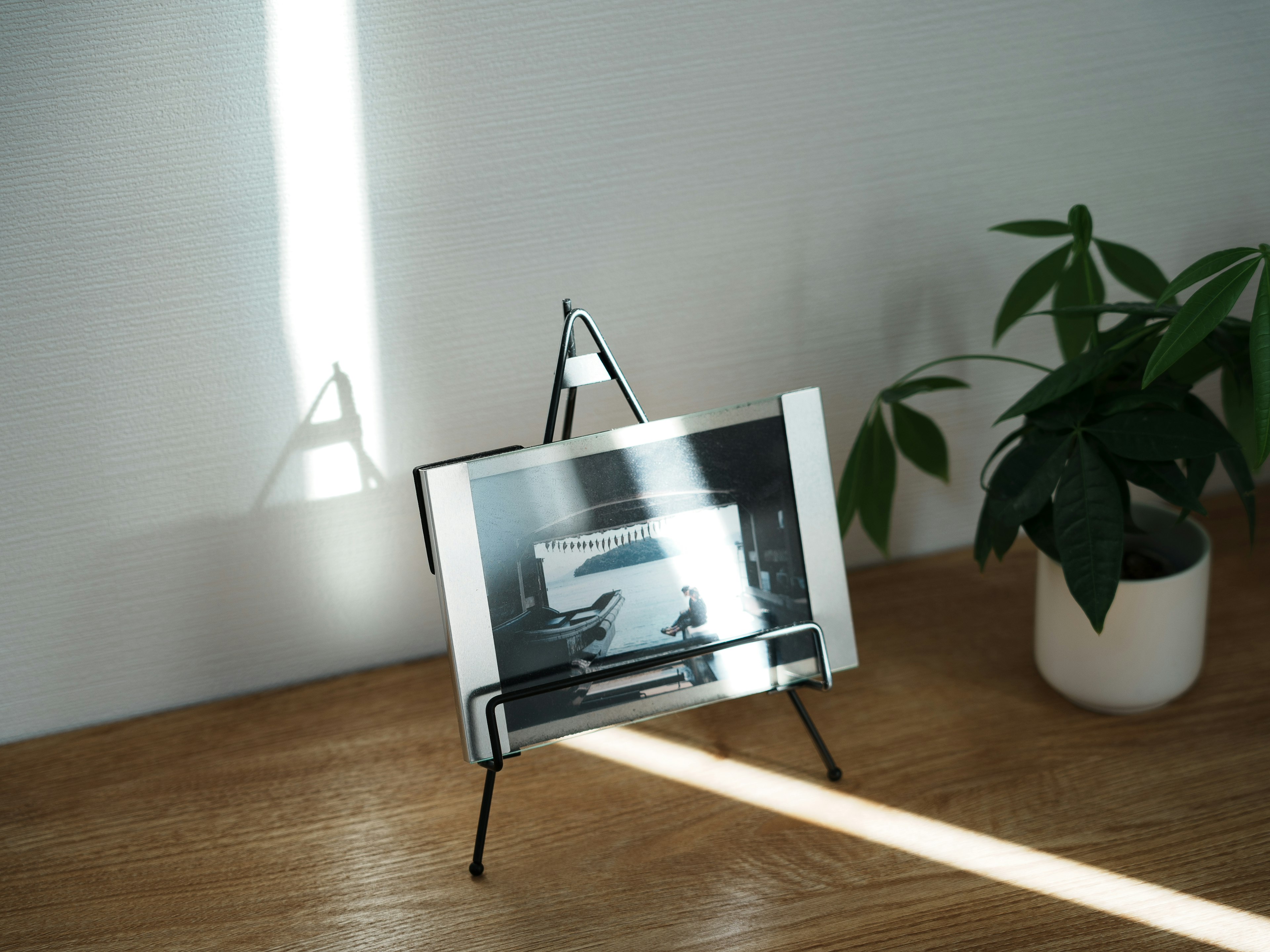 Un marco de foto en blanco y negro sobre una mesa de madera con una planta en maceta