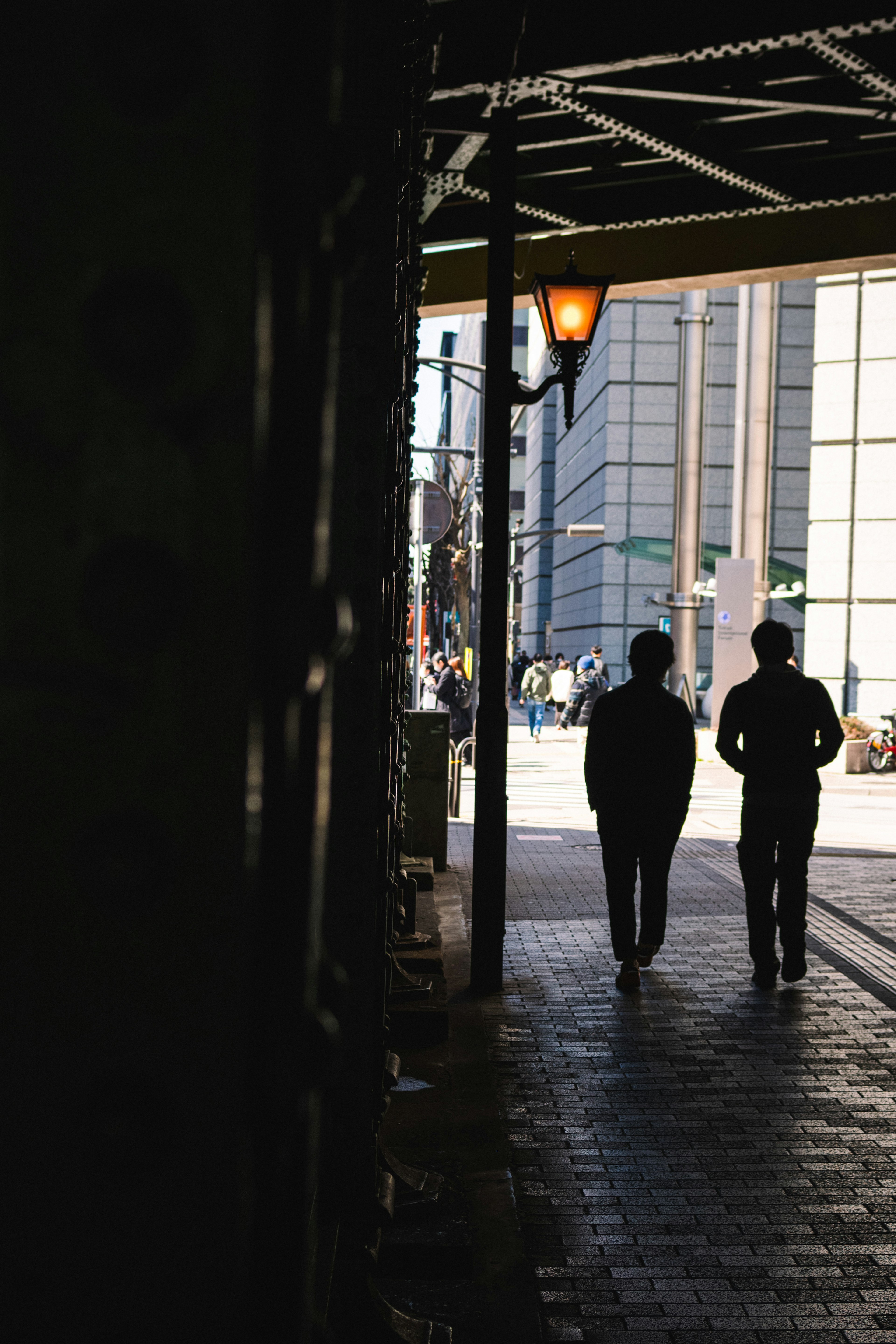 Two men walking in shadow with a city background