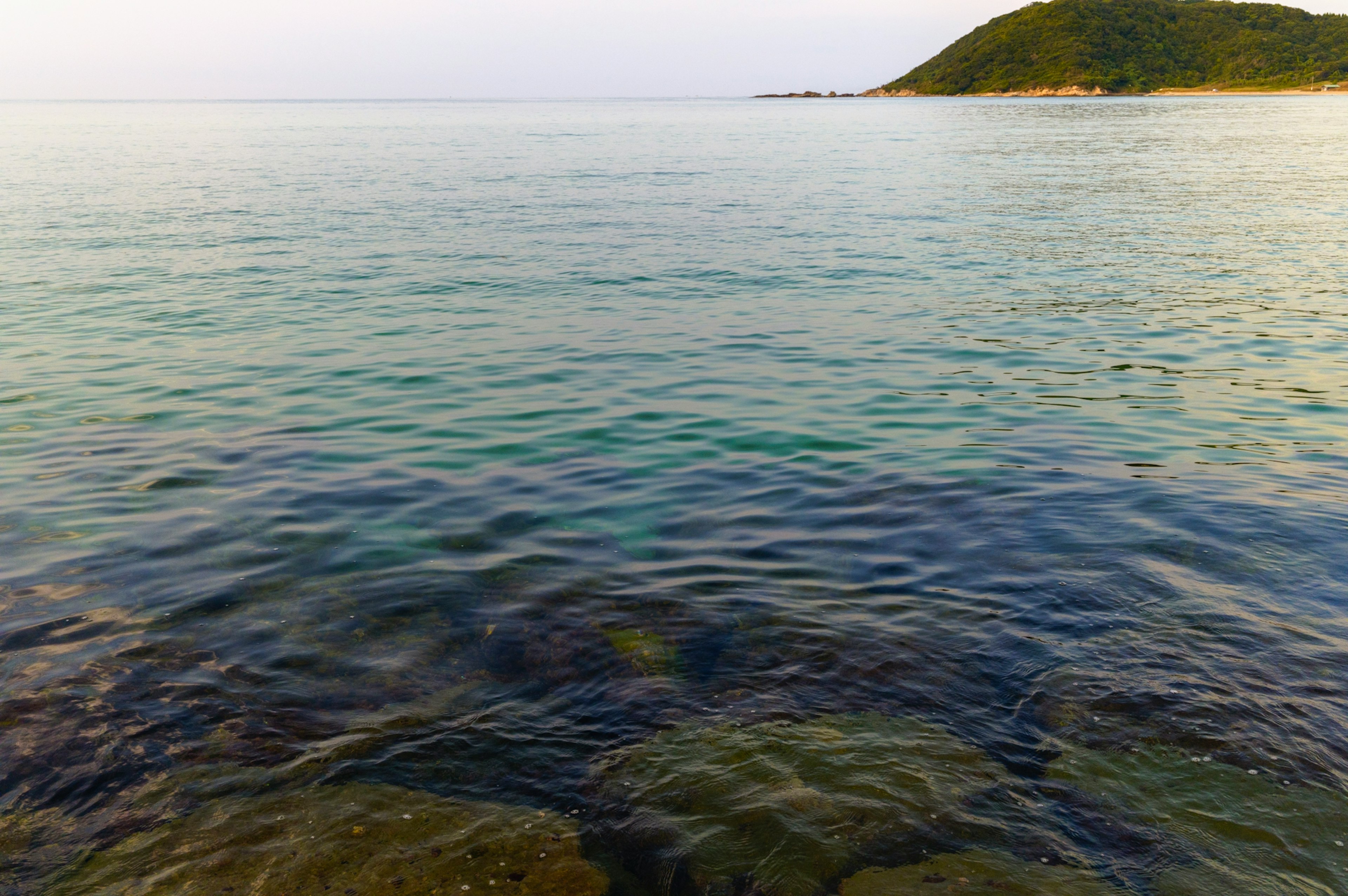 Calm sea with visible stones and a distant hill