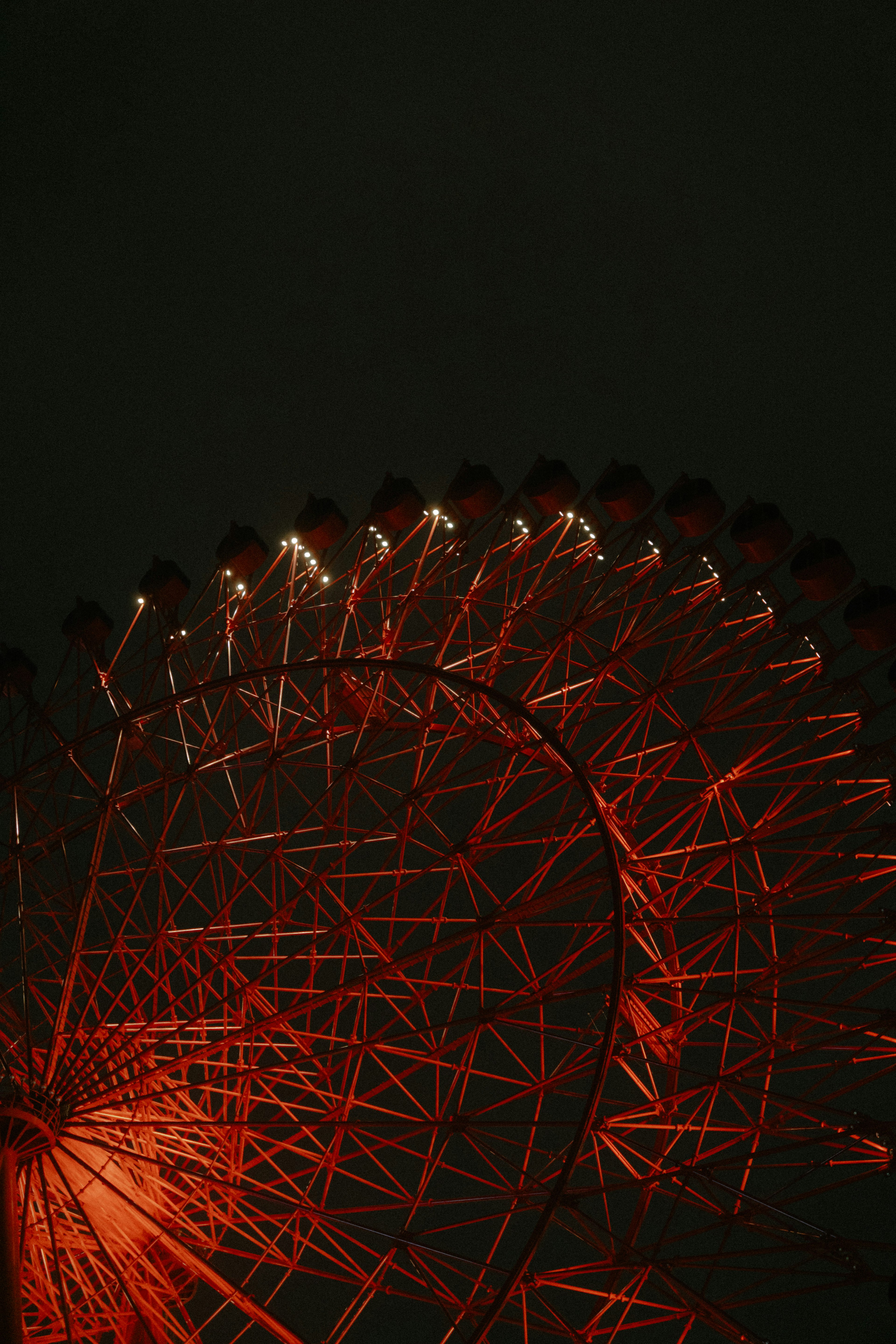 夜空に浮かぶ赤い観覧車の写真 光の輪が美しい