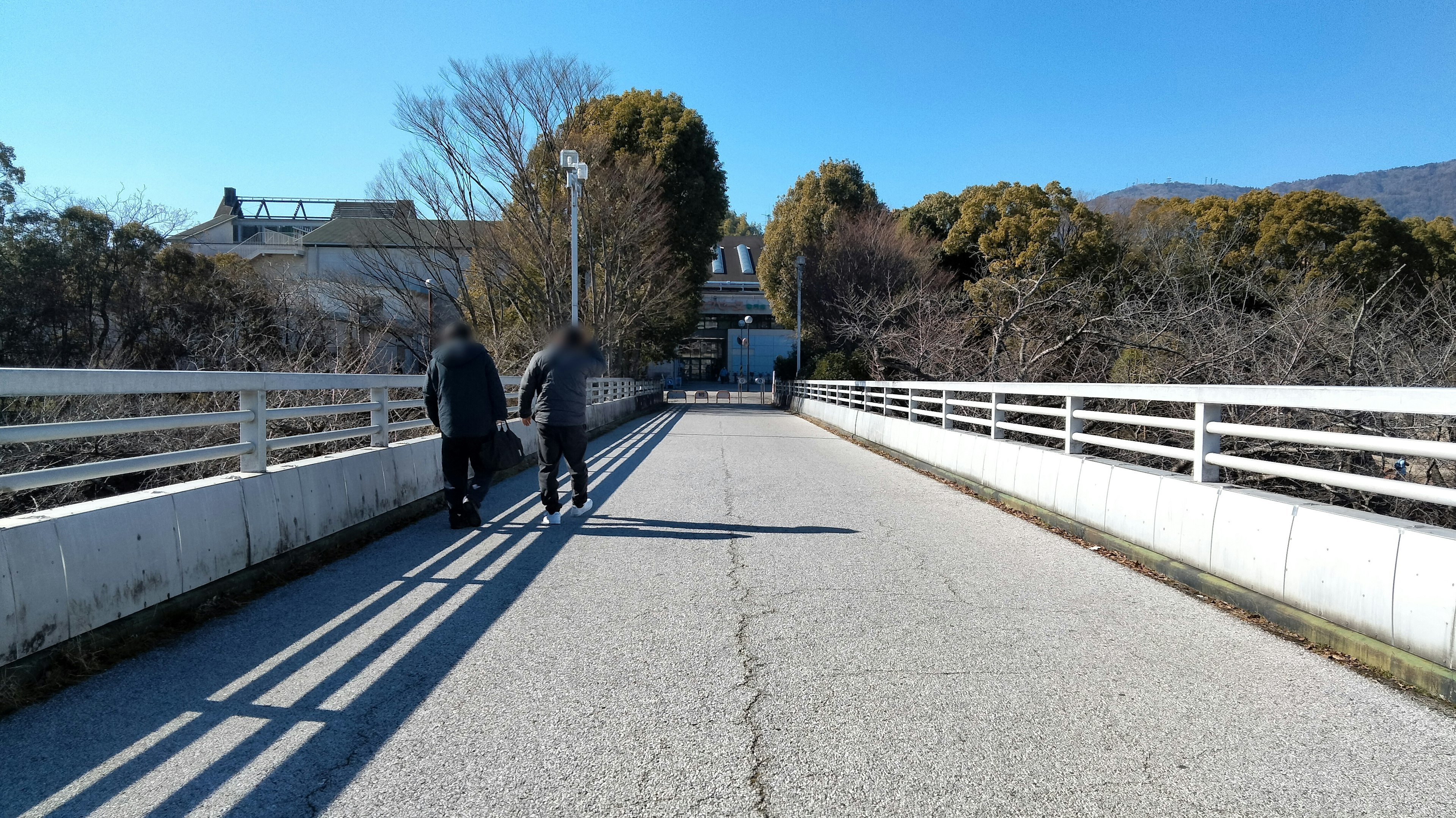 橋の上を歩く二人の人と青空の風景