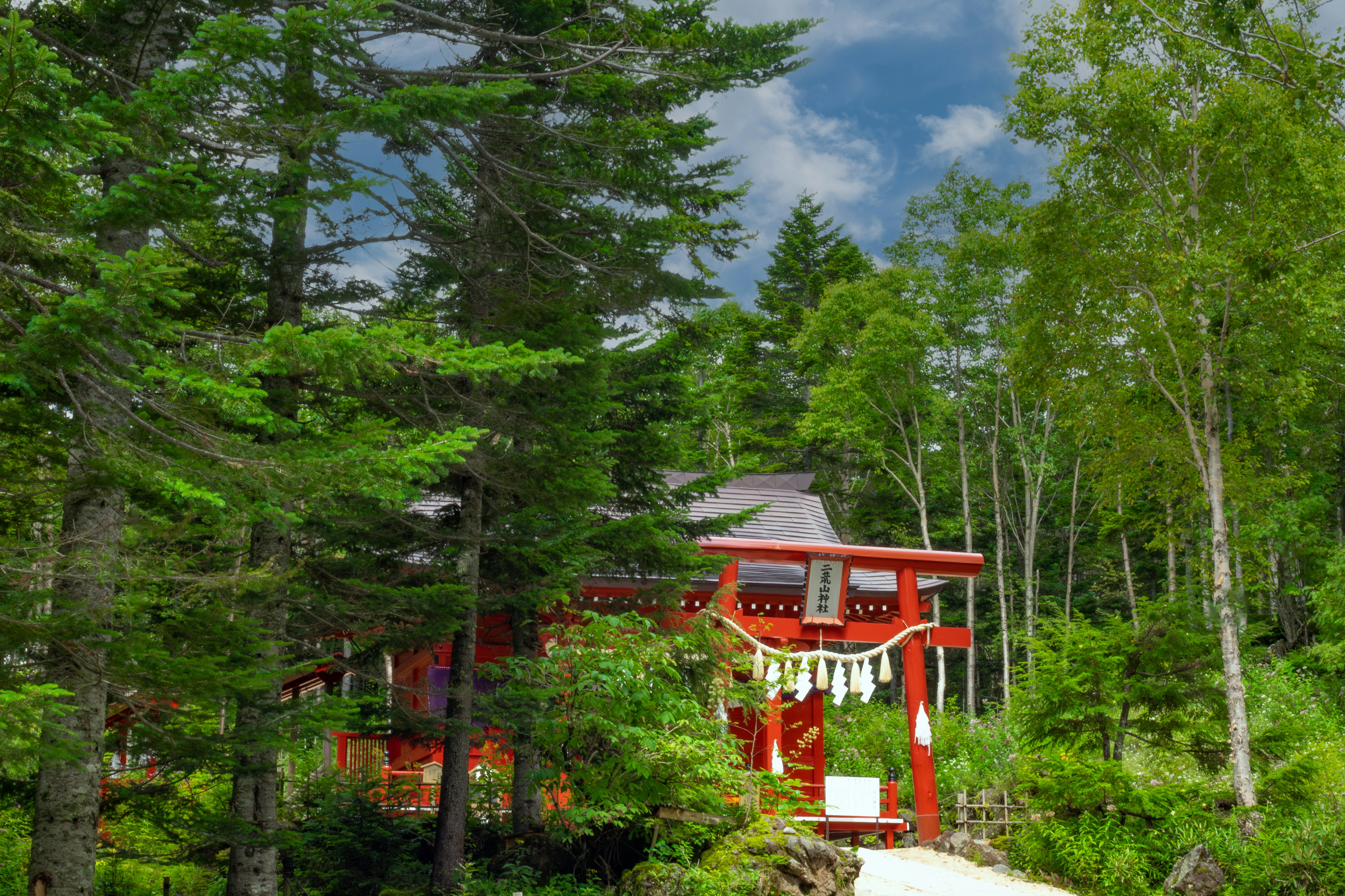 A red shrine building nestled in a lush green forest under a blue sky